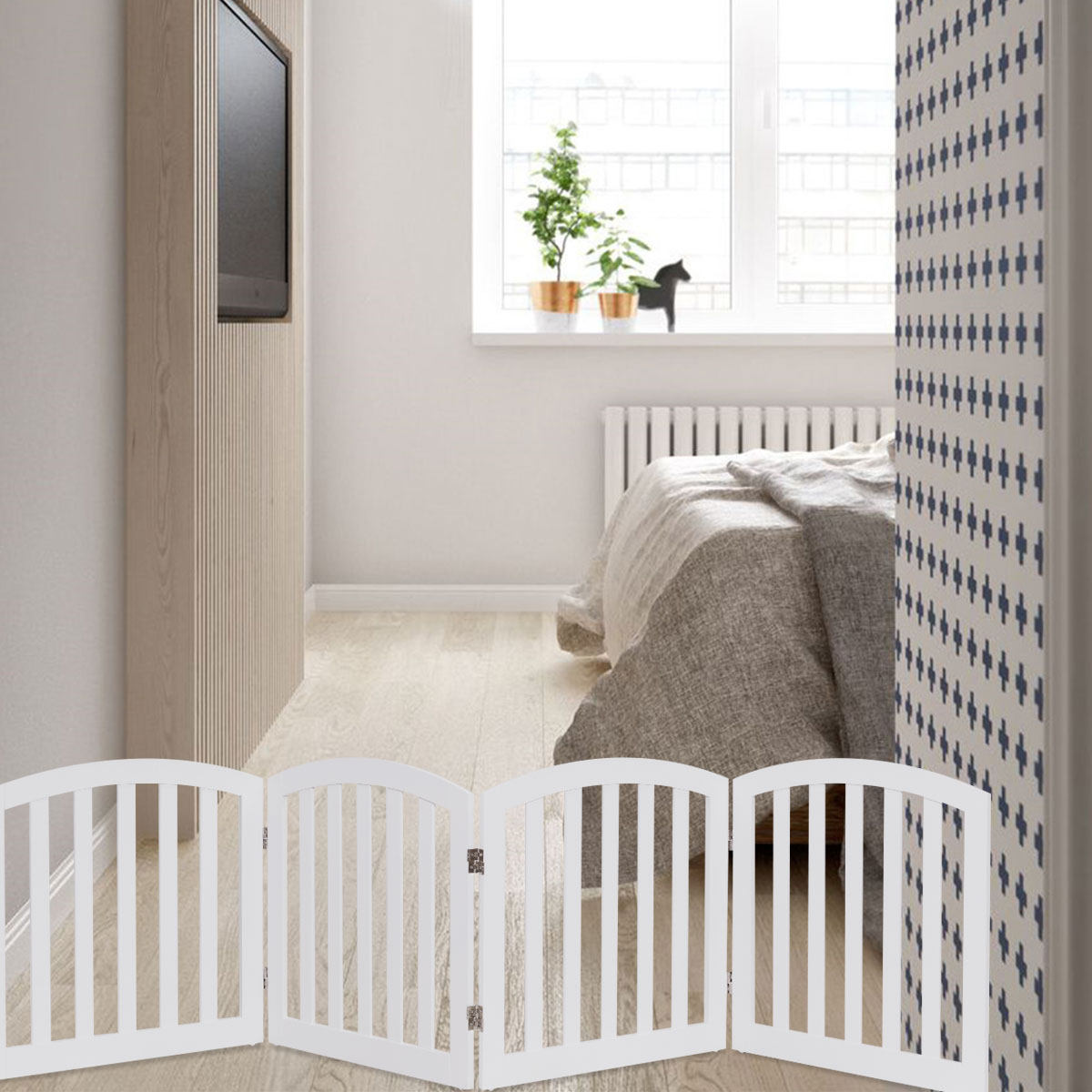 4-teiliges Absperrgitter für Hunde klappbarer Freistehender Schutzgitter Holz weiß