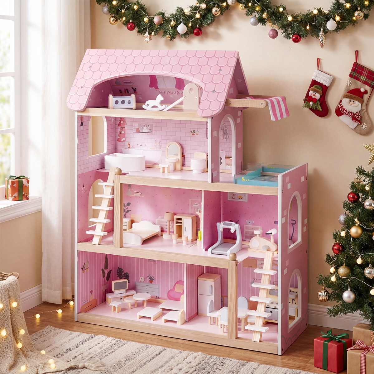 Kinder Holzpuppenhaus mit 33 Möbelstücken DIY-Spielhaus mit Balkon & Pool Dollhaus Rosa