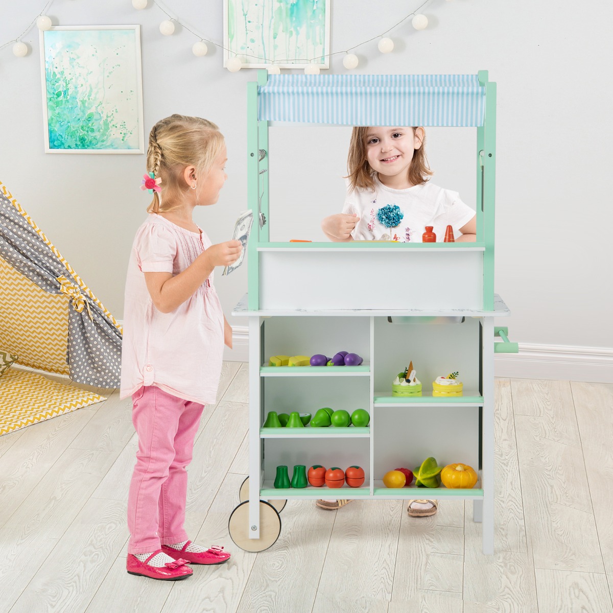 Kinderküche mit Kaufladen & Rollen & 17 Zubehör & Licht & Fernbedienung Spielküche Grün