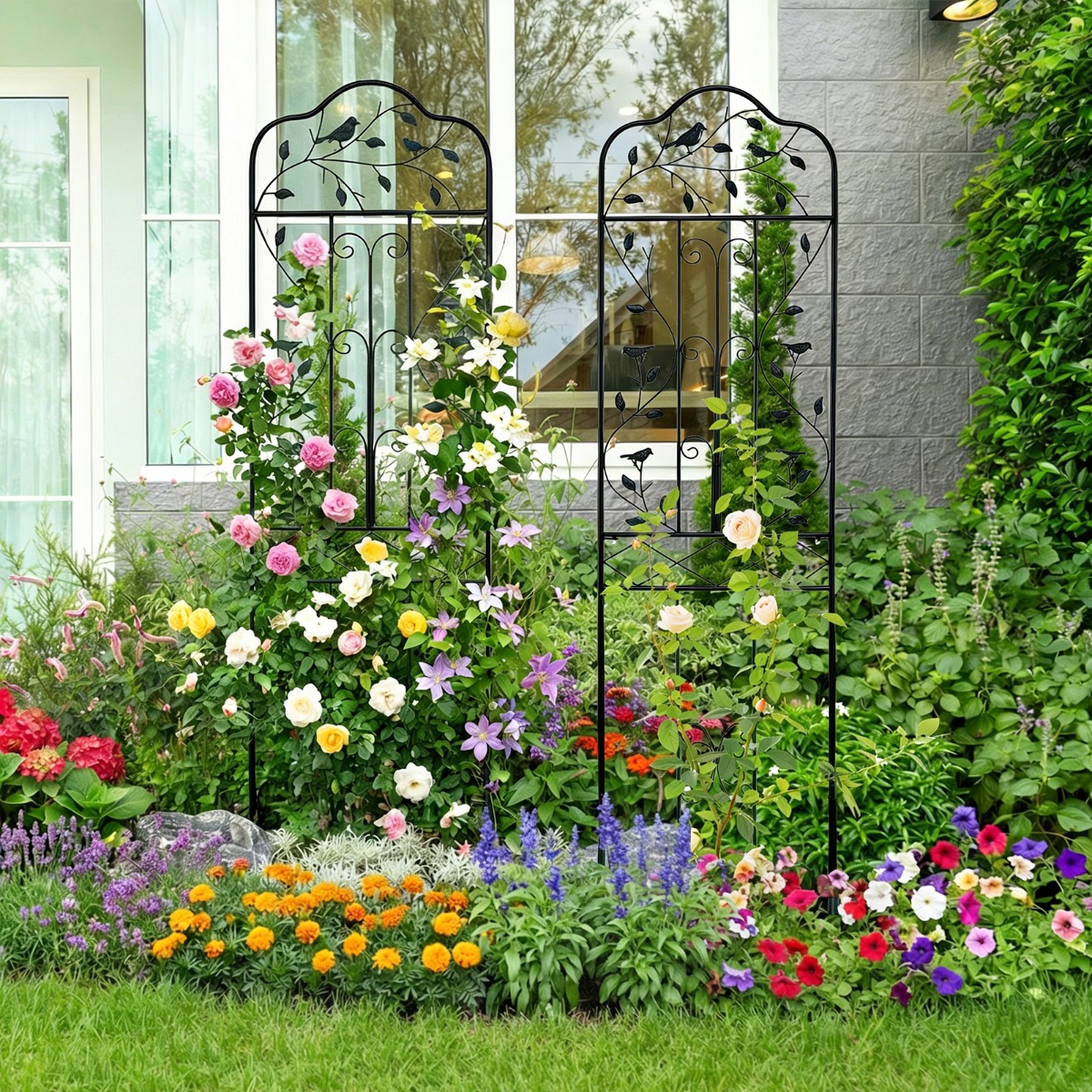 2er Set Rankgitter Metall 3 in 1 dekorativer Gartenzaun & Blumenregal & Pflanzstütze Schwarz