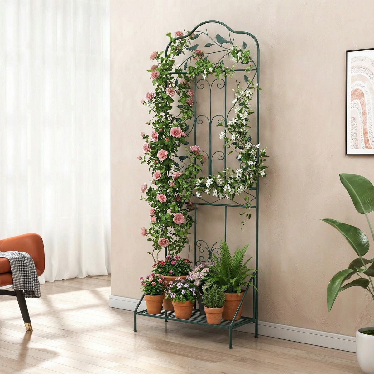 Rankgitter für Kletterpflanzen freistehendes Kletterblumenständer aus Metall mit klappbarem Regal Dunkelgrün