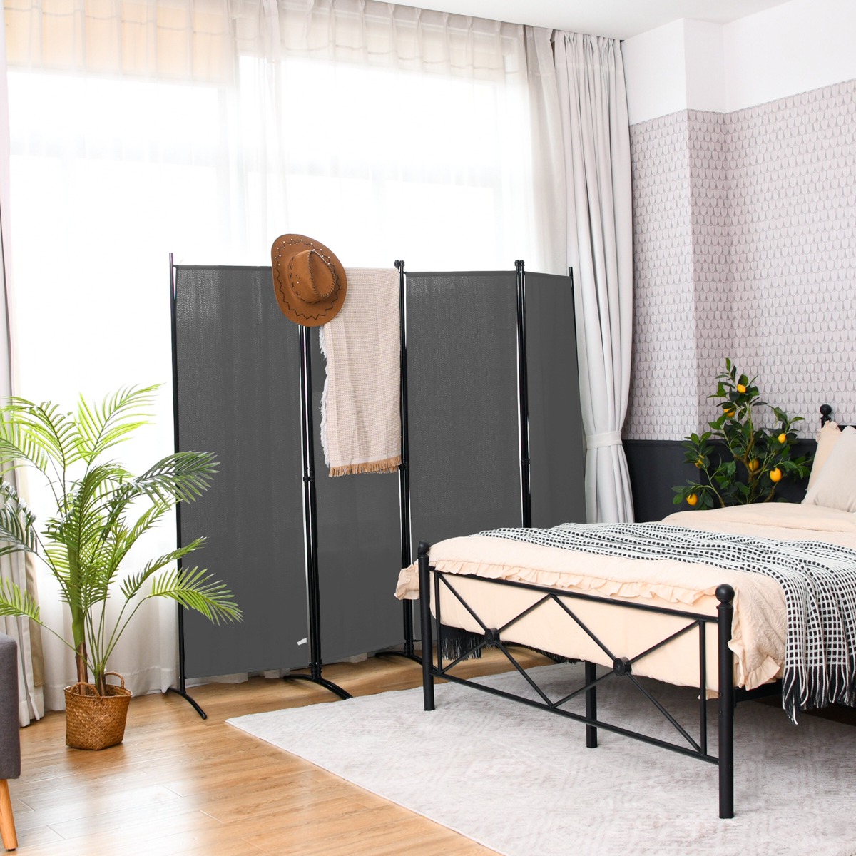 4-teiliger 173 cm Hoher Raumteiler Tragbare Trennwand mit Stahlrahmen Grau