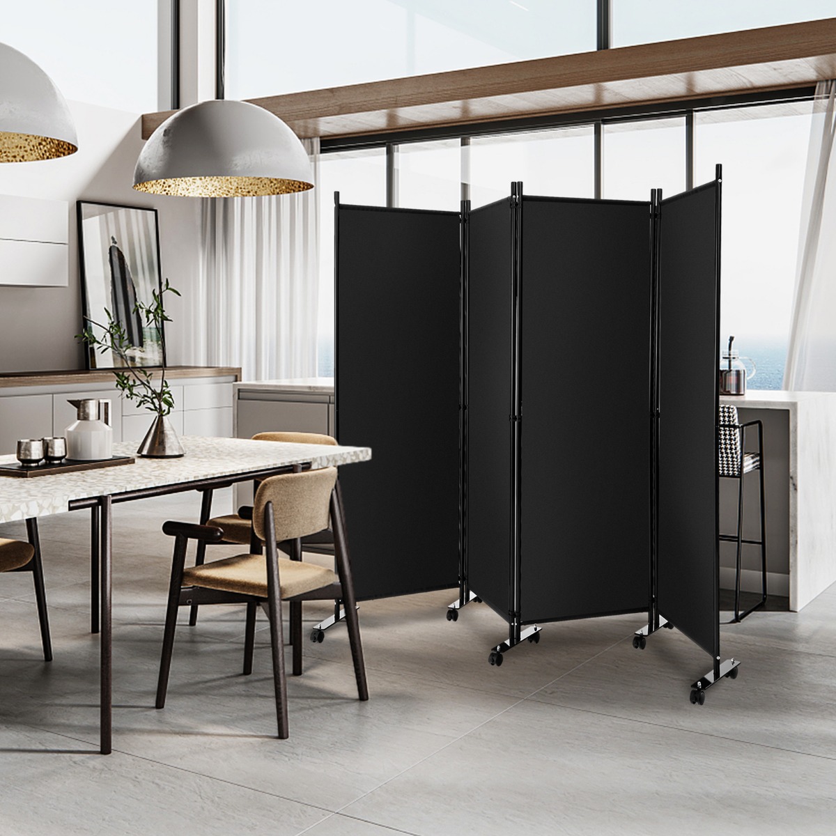 Raumteiler mit 4 Paneelen auf Rädern 173 cm Hoher Rollbarer Sichtschutz Schwarz