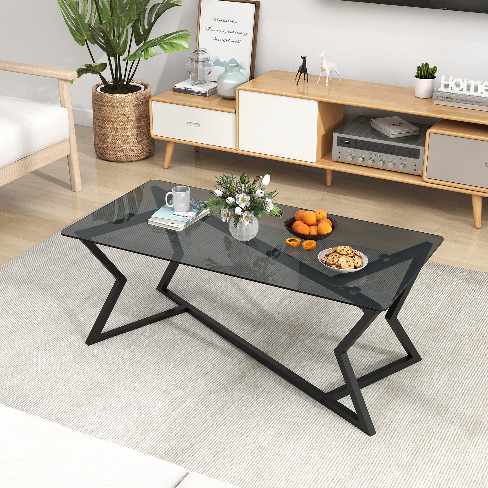 Rechteckiger Couchtisch mit Gehärteter Glasplatte & Geometrischem Metallgestell Moderner Glastisch