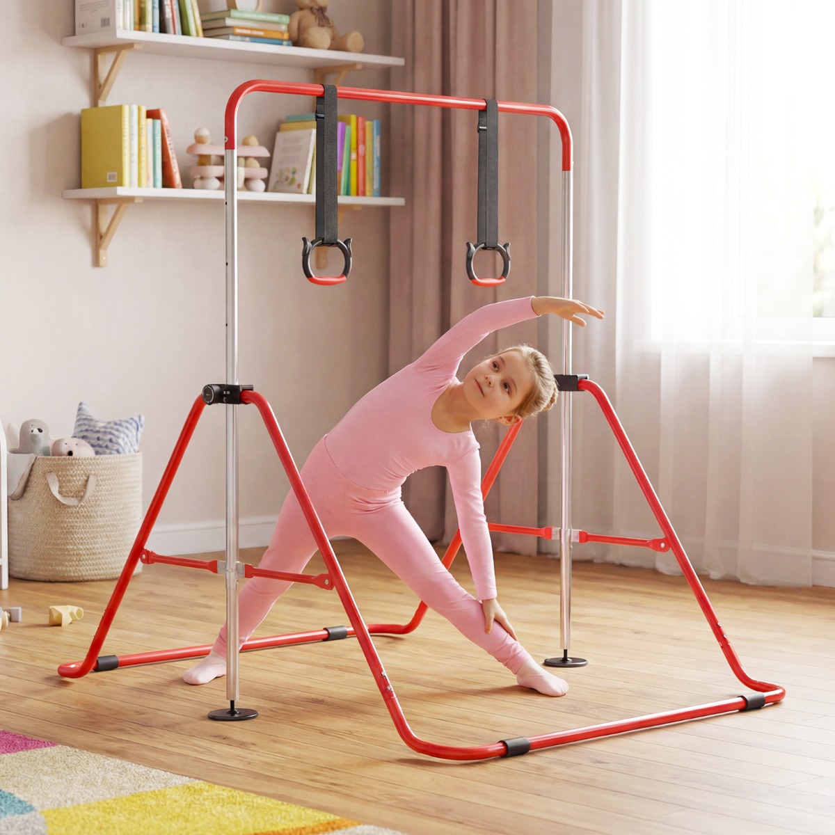 Kinder Faltbare Gymnastikstange mit 4 Verstellbarer Höhen & Turnringe Reckstange Rot