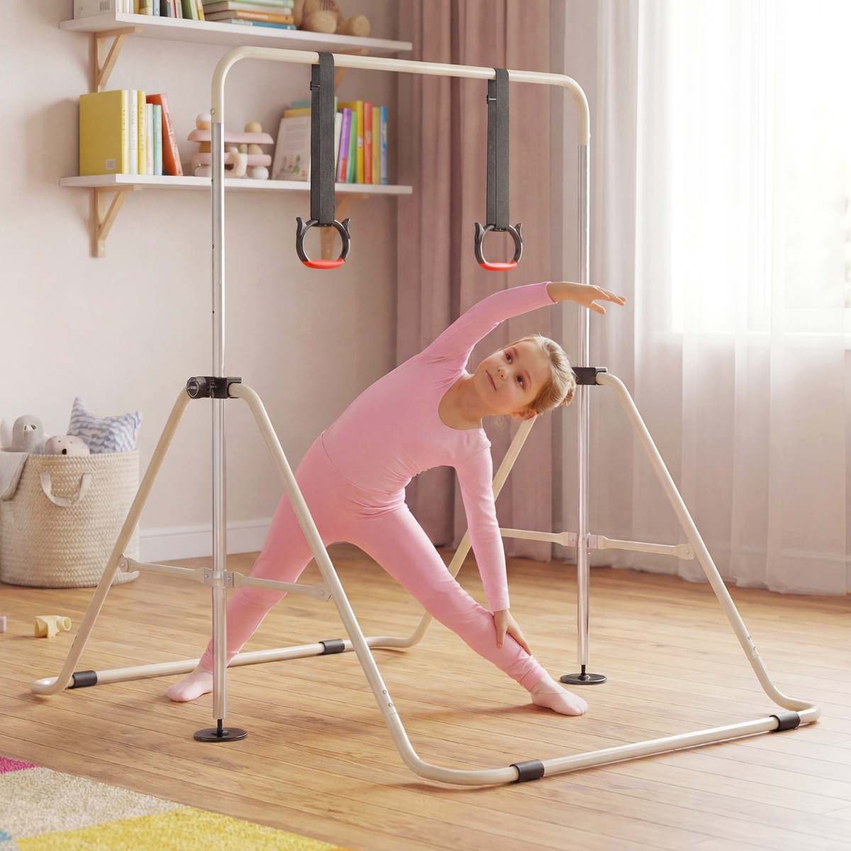 Ausziehbare Turnstange für Kinder 4-fach höhenverstellbare Reckstange mit stabilem Metallrahmen Beige