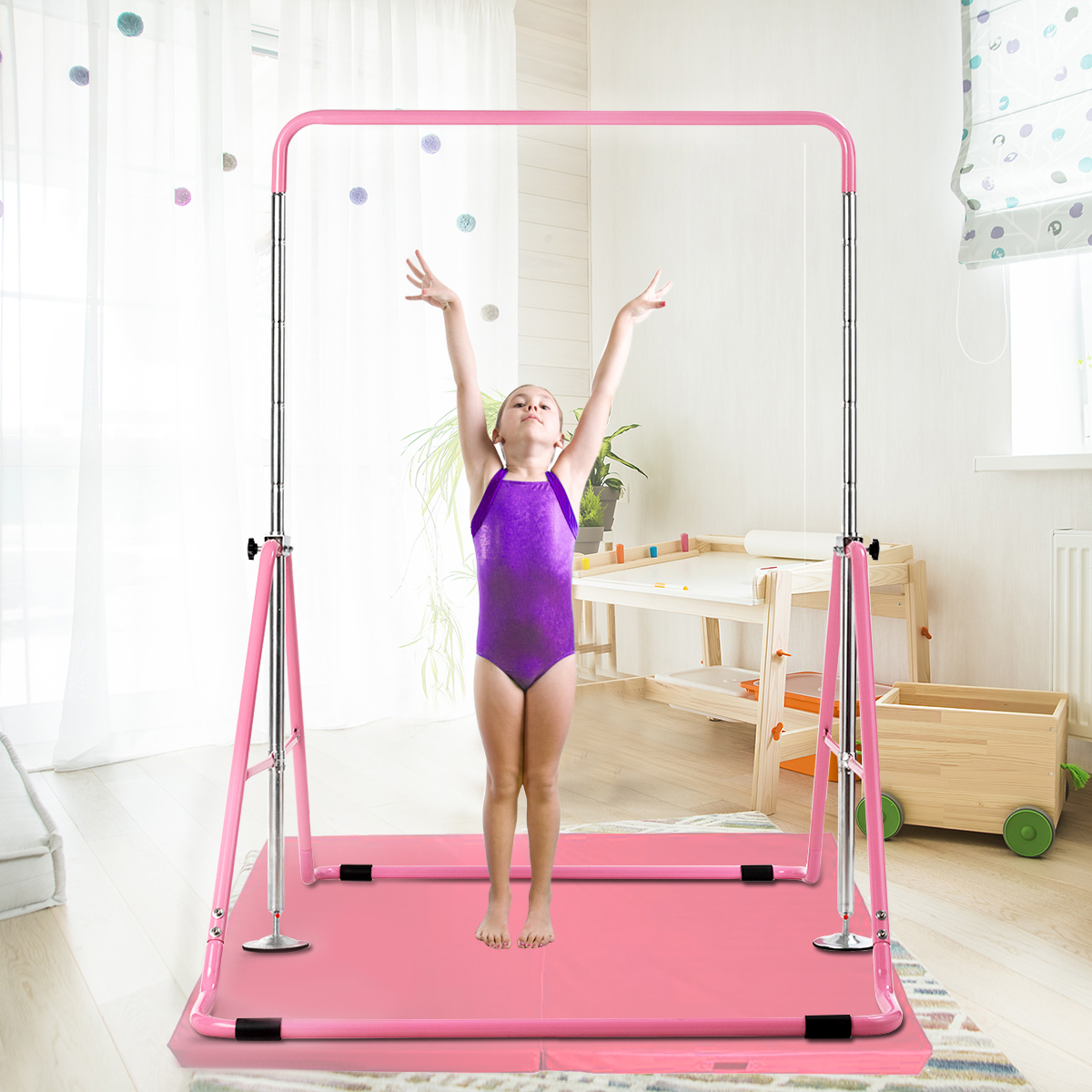 Kinder Gymnastikstange mit Gymnastikmatte Höhenverstellbar Reckstange 90-130 cm Rosa