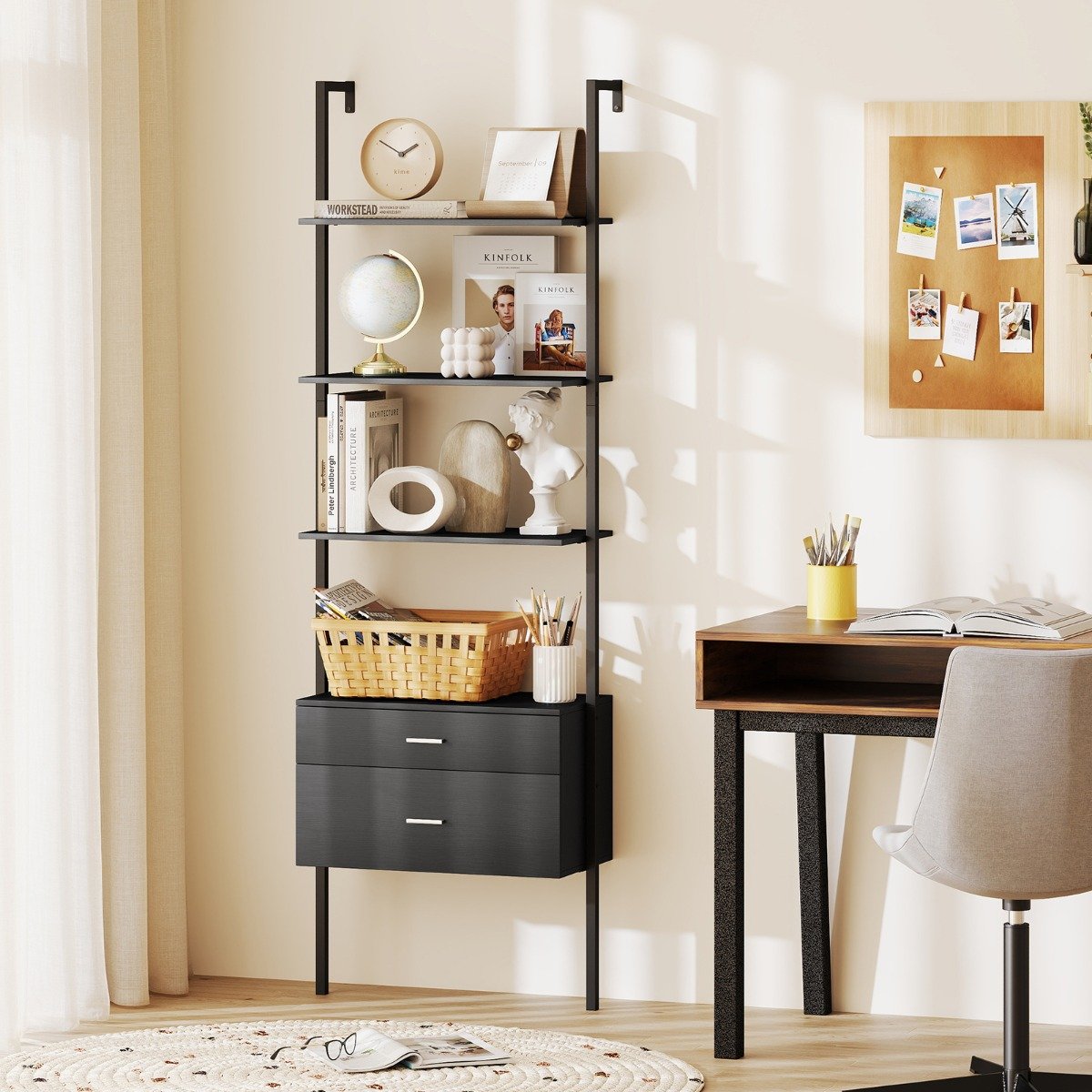 6-stöckiges Leiterregal mit 2 Schubladen Wandmontiertes Bücherregal mit Metallrahmen Schwarz