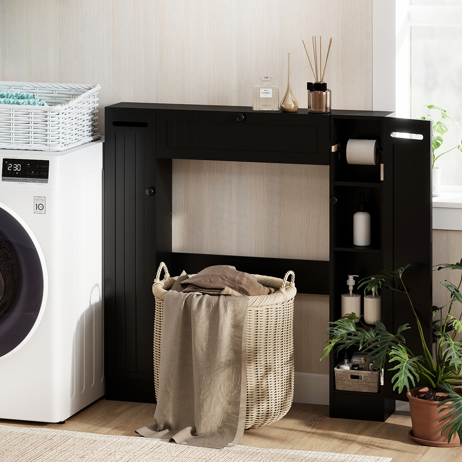 Regal über der Toilette freistehender Badezimmerschrank mit verstellbaren Regalen Toilettenpapierhalter Schwarz