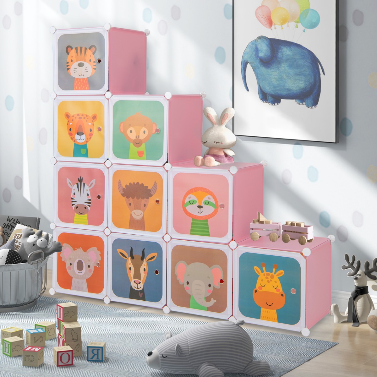 Kinder Kleiderschrank aus Kunststoff mit 12 Würfeln Kinderregal mit Türen & 2 Aufhänger Rosa