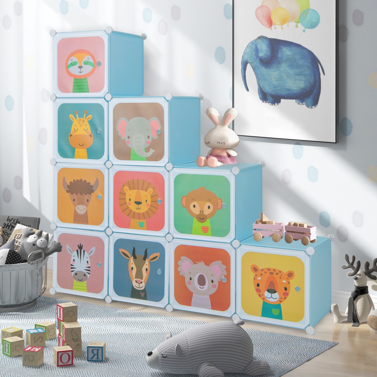 Kinder Kleiderschrank aus Kunststoff mit 12 Würfeln Kinderregal mit Türen & 2 Aufhänger Blau