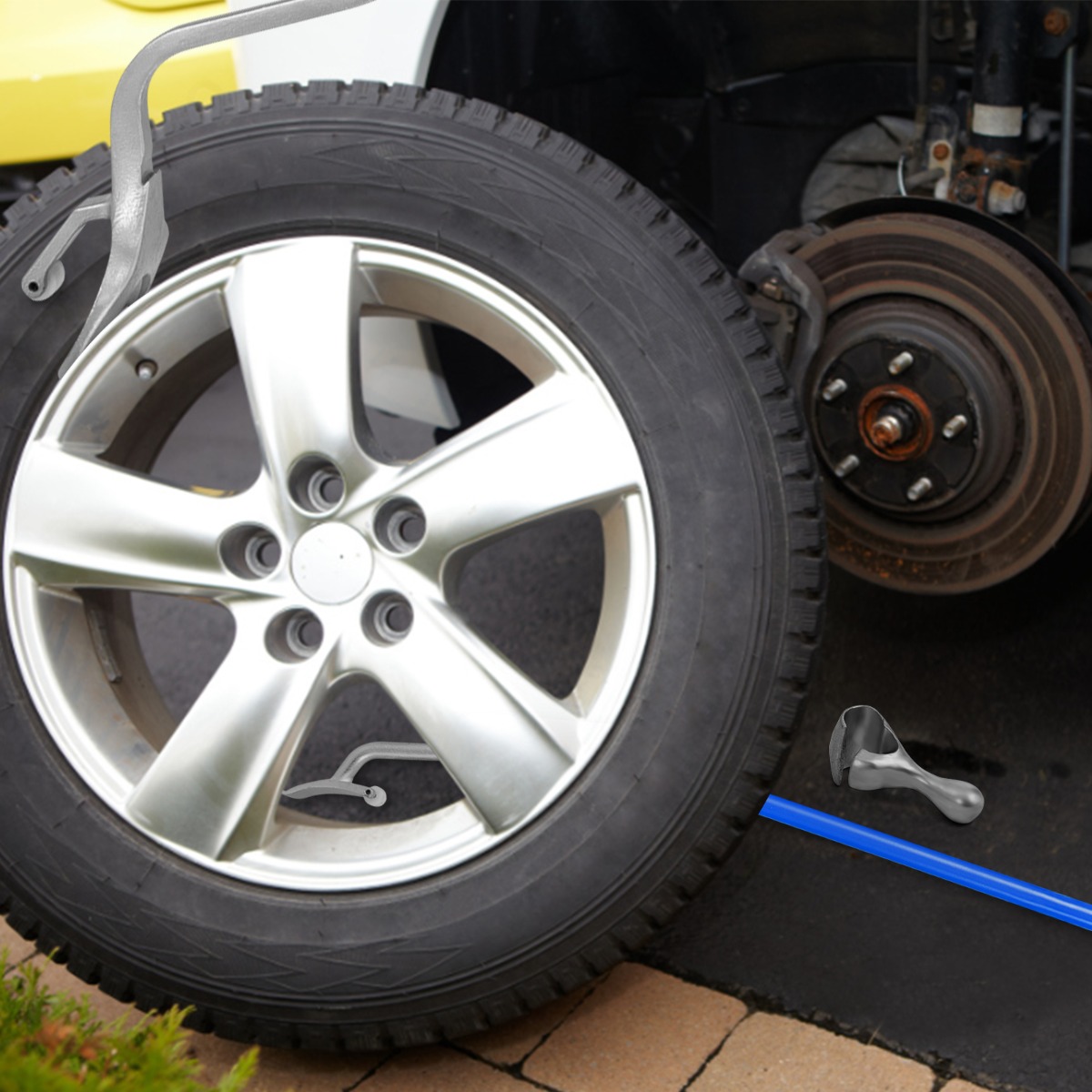 3-teiliges Werkzeug zum Reifenwechseln mit Stahlwulsthalter Blau