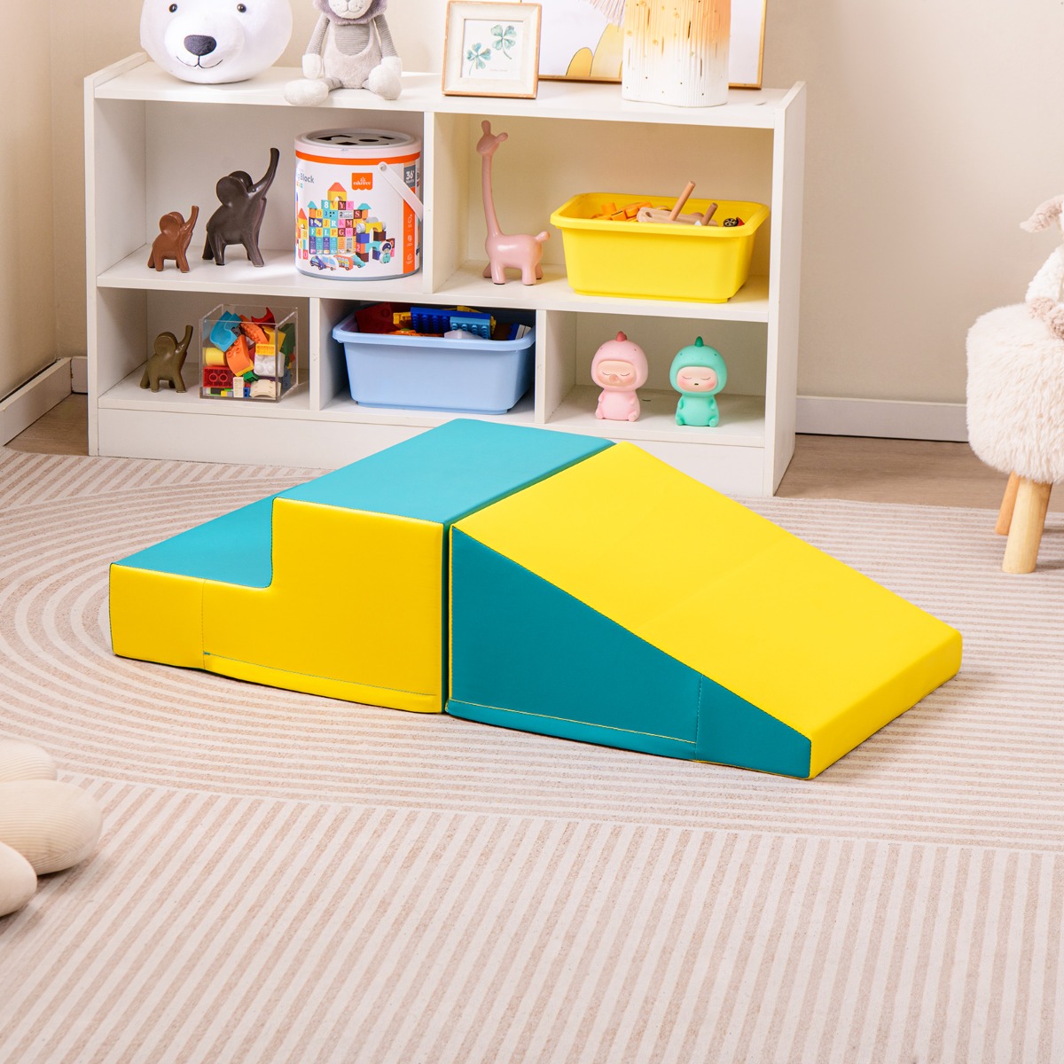 2 TLG. Kinder Schaumstoff Bausteine zum Toben und Klettern Softbausteine Gelb + Grün mit Klettverschlüsse