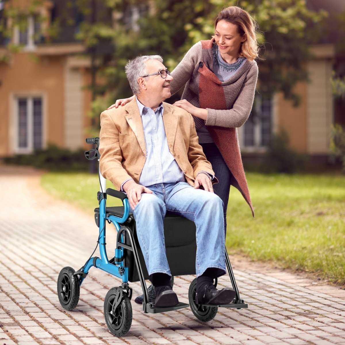 Rollator mit Luftbereifung faltbar und leicht mit Sitz 2 in 1 Rollstuhl & Reiserollator Blau