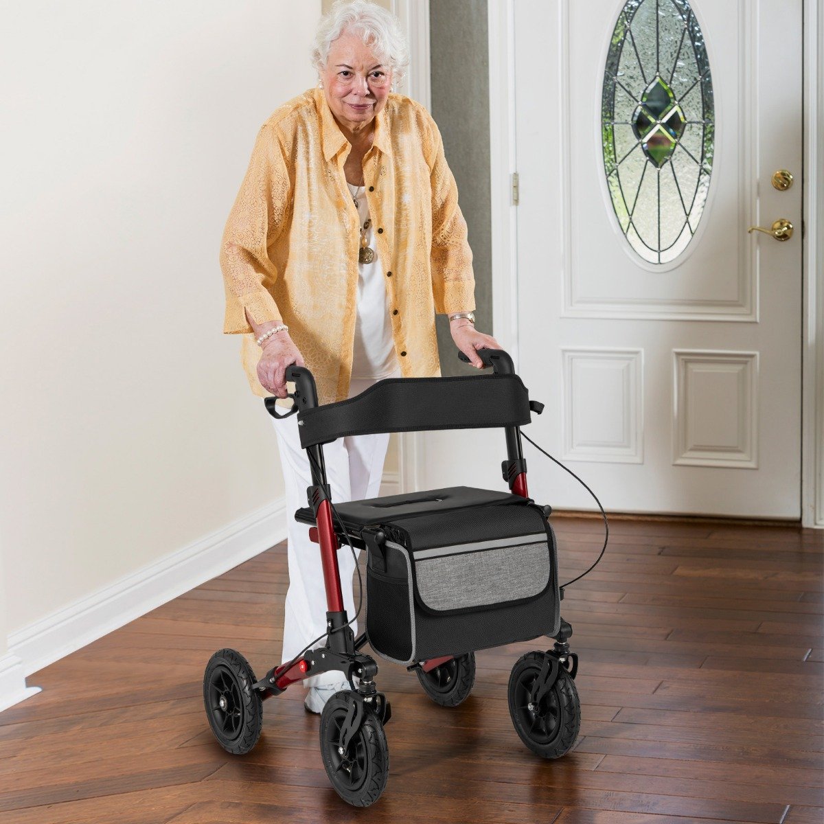 Rollator mit Luftbereifung faltbar und leicht mit Sitz Aluminium bis 140 kg 2 in 1 Rollstuhl Rot