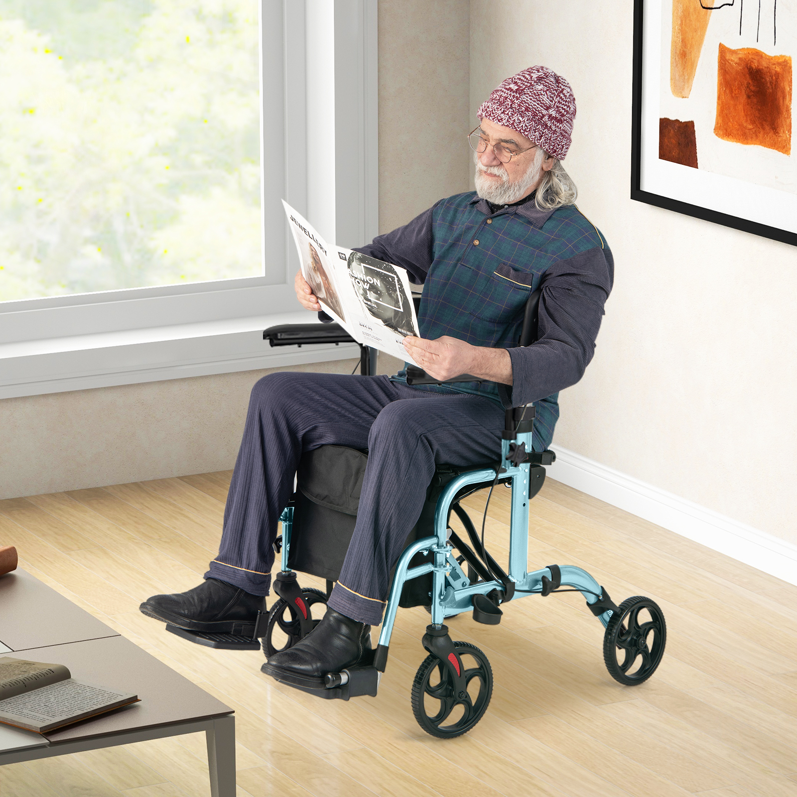 2 in 1 Rollstuhl & Reiserollator mit Tasche & Doppelten Bremsen & Stockhalter Gehwagen Rollator Blau