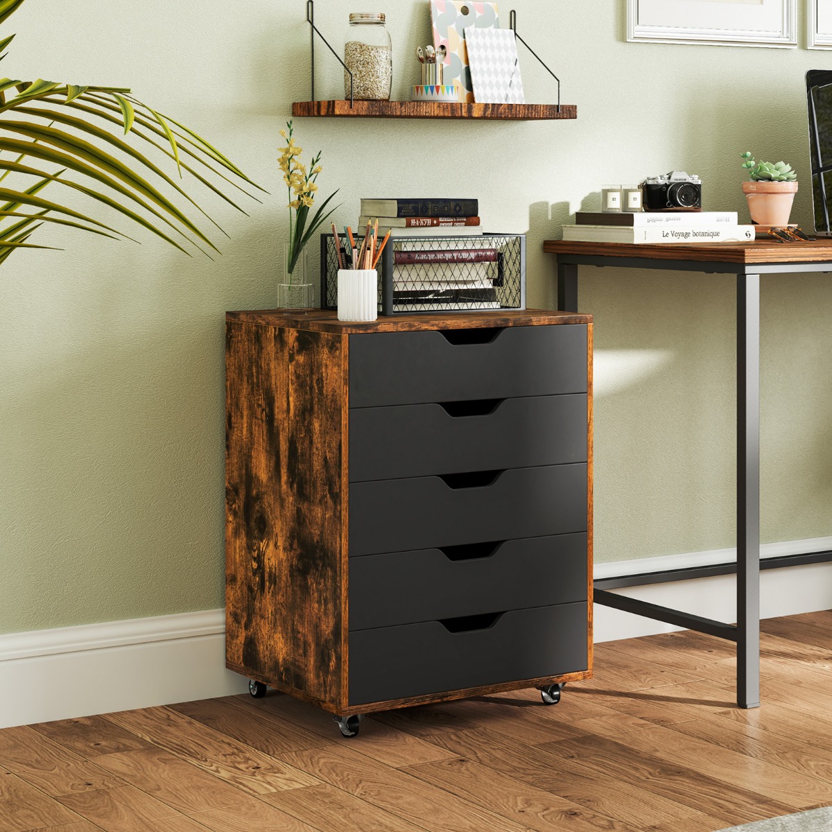 Rollcontainer mit 5 Schubladen Mobiler Aktenschrank mit Rädern Bürocontainer Braun