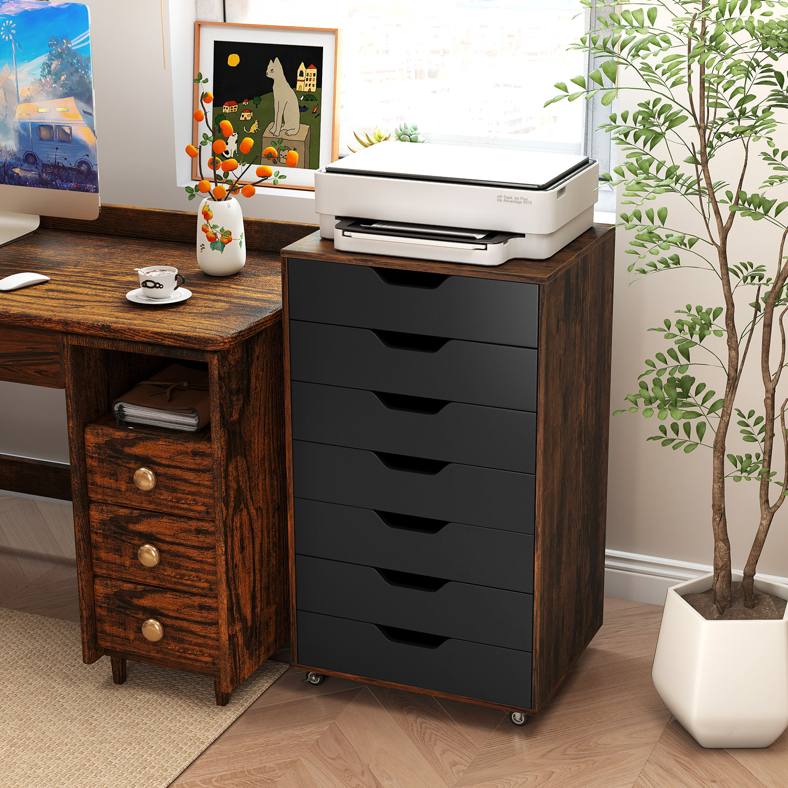 Rollcontainer mit 7 Schubladen mobiler Aktenschrank mit Rädern Bürocontainer Rustikales Braun