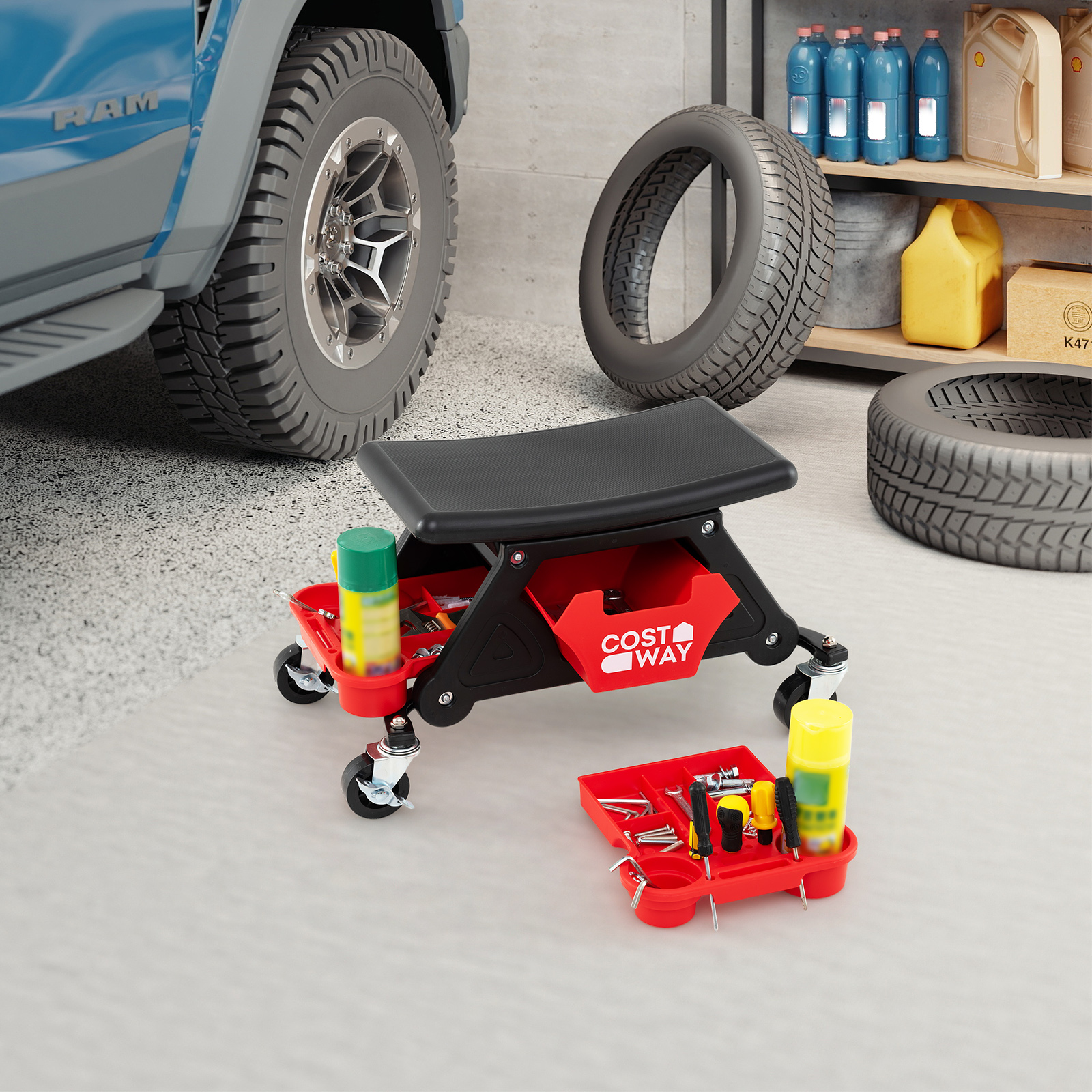 Rollhocker für Mechaniker Schwerlast-Werkstatthocker auf Rollen mit ausziehbarer Schublade & 2 Fachteilen 135 kg Kapazität Schwarz