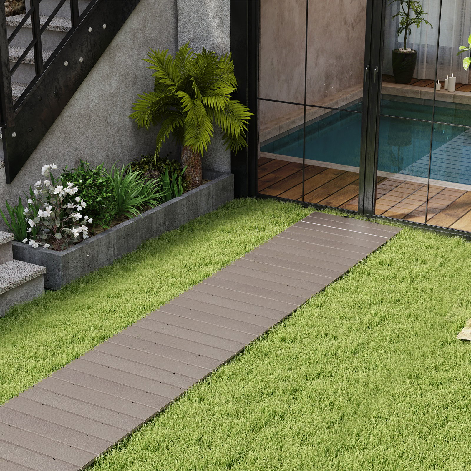 Rollweg aus HDPE 242 x 55cm Gehweg ausrollbar Gartenweg wetterfest Gehwegplatte Trittplatte für Hochzeit Grau