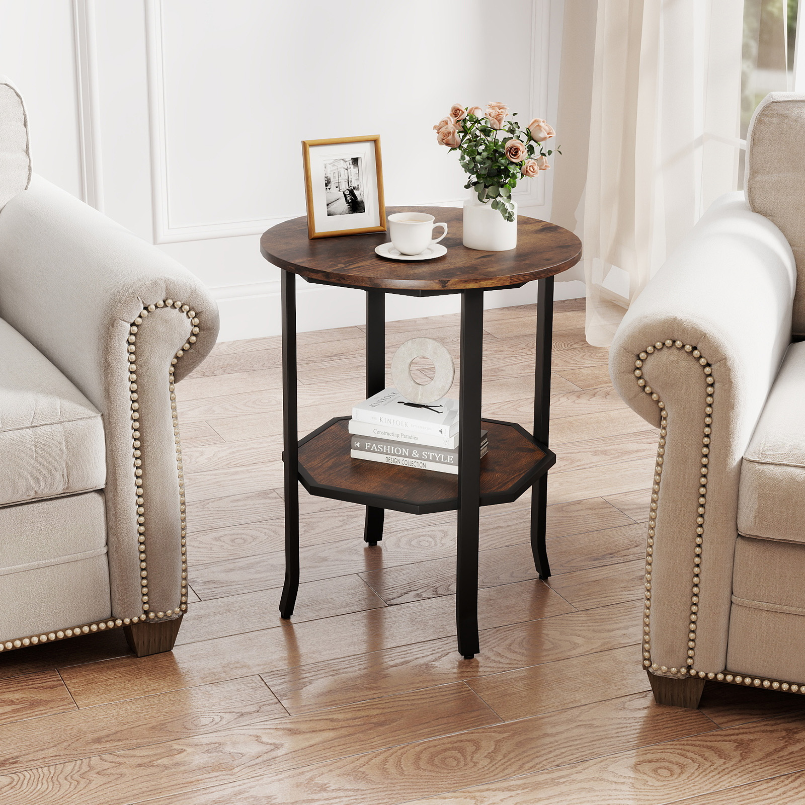 Runder Beistelltisch 2-stufiger Endtisch mit Ablagefach industrieller Akzenttisch Nachttisch mit robustem Metallrahmen Rustikal Braun