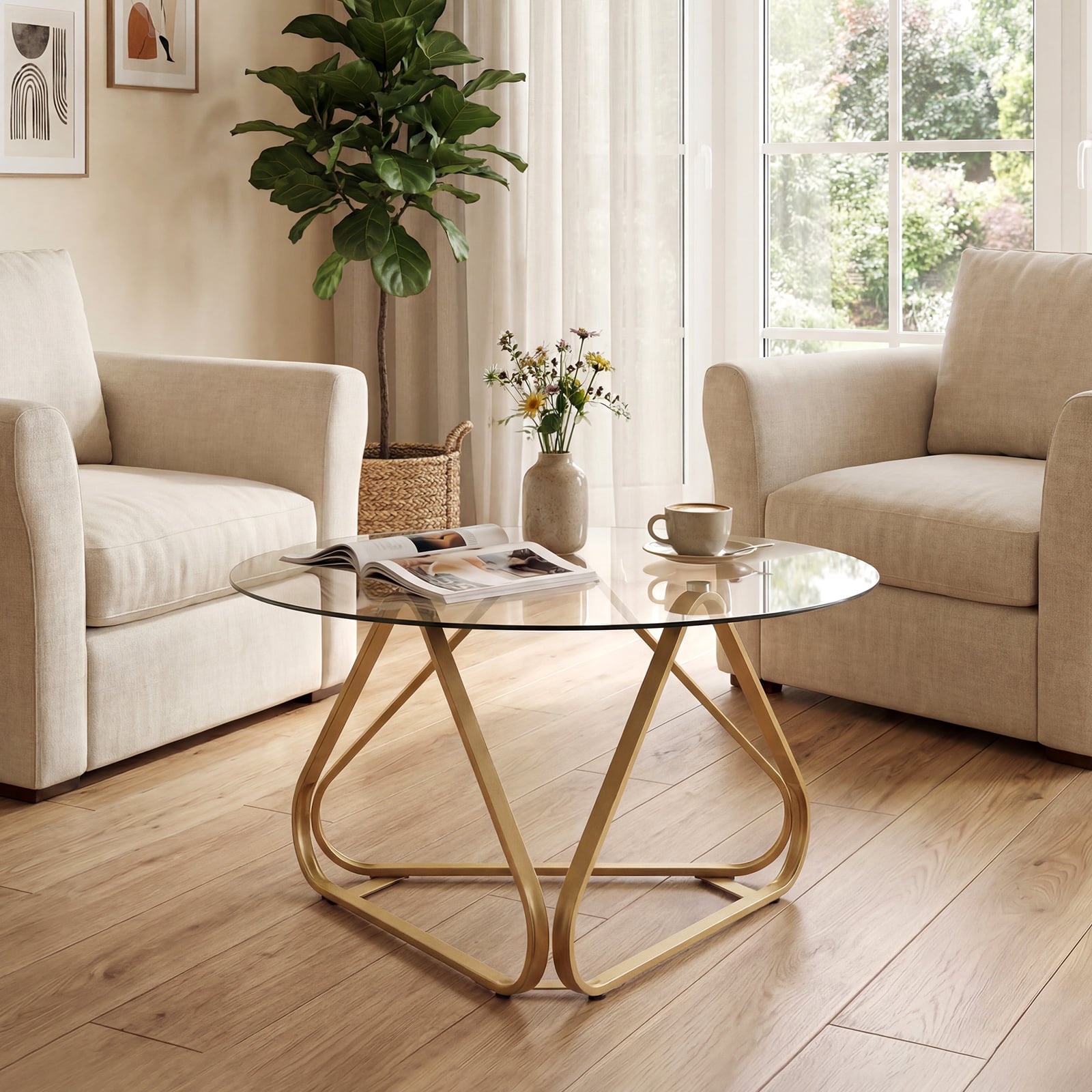 Runder Couchtisch mit Gehärtetem Glas & Metallrahmen Moderner Glastisch Beistelltisch Golden