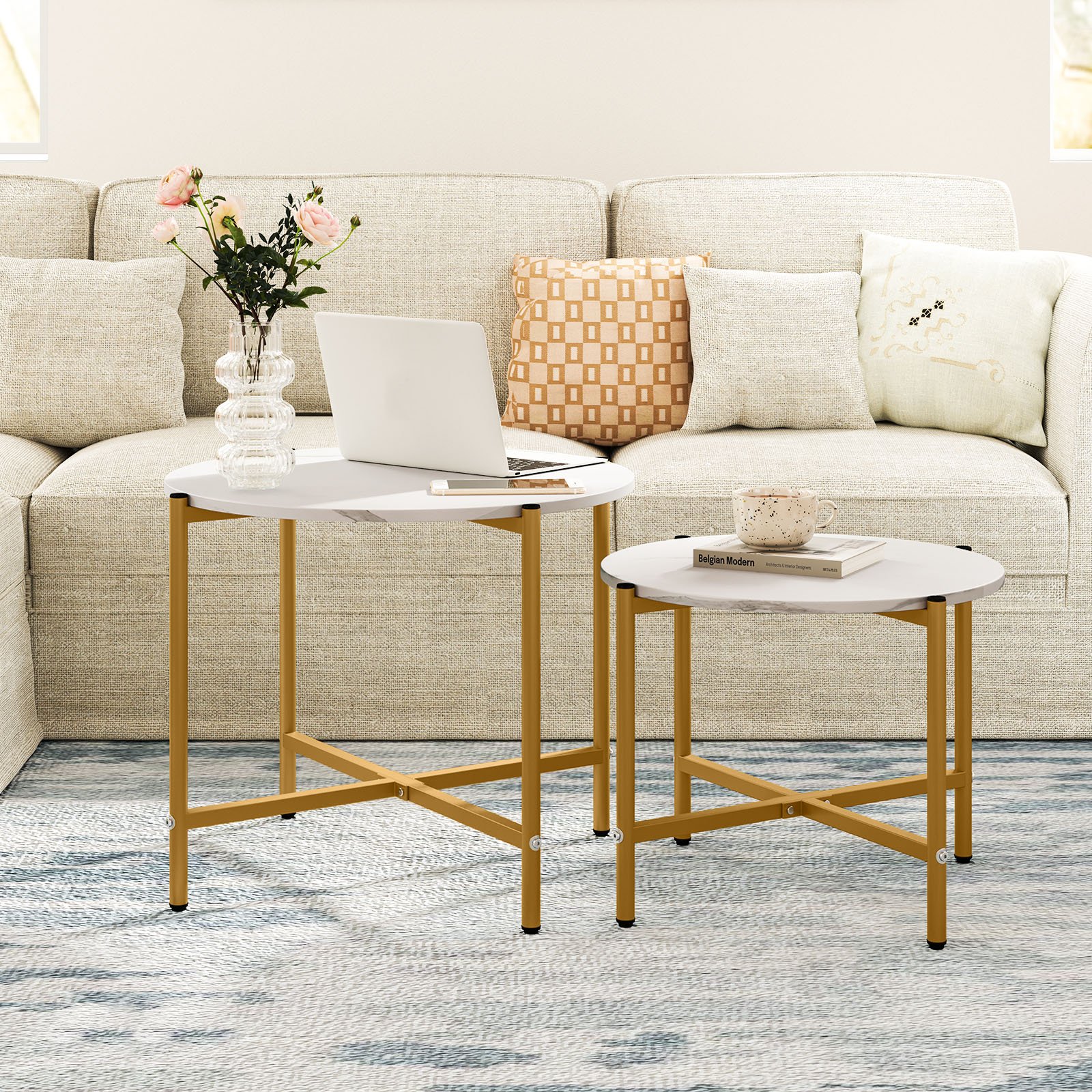 Runder Couchtisch Set mit Metallrahmen Stapelbare Couchtische  Beistelltisch Set Weiß