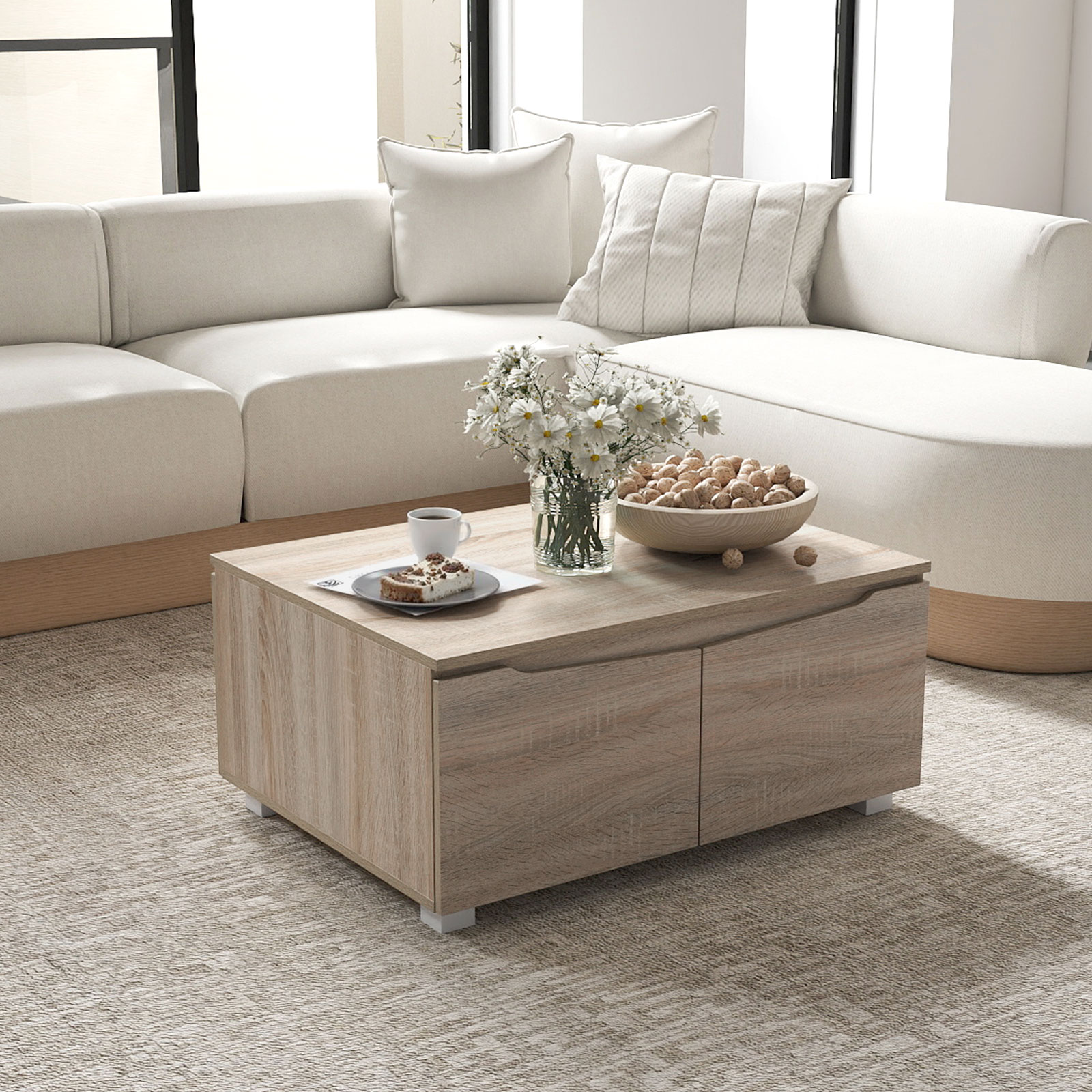 Rustikaler Couchtisch mit verdeckte Stauraum rechteckiger Bestelltisch mit 4 Türen und Doppeltüröffnung Eiche