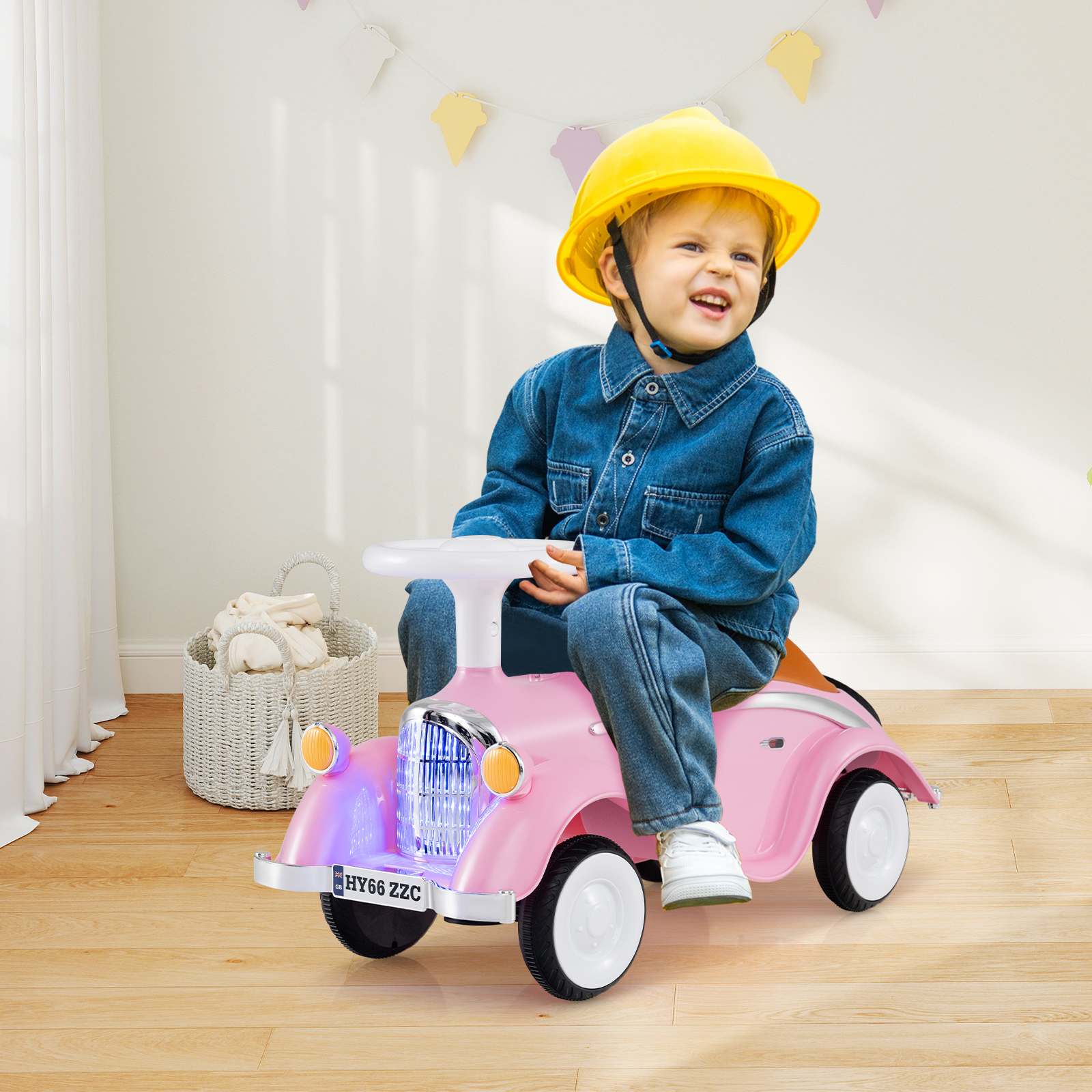 Rutschauto klassisches Fuß-zu-Boden Rutschfahrzeug mit Lenkrad Hupe LED-Scheinwerfer und Stauraum unter dem Sitz Rosa