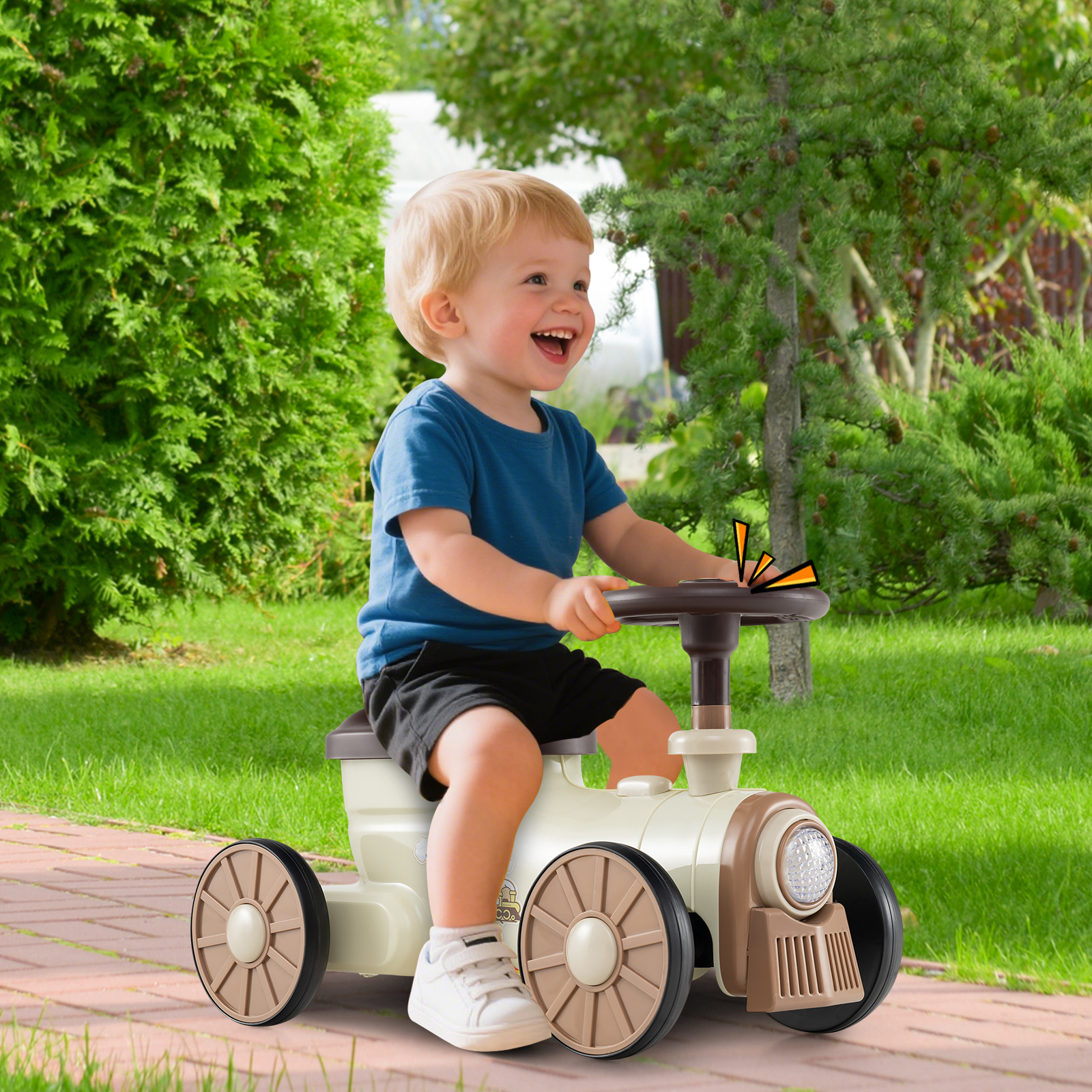 Rutschauto Rutschfahrzeug mit Lenkrad & Zugpfeifton-Taste & Stauraum unter Sitz Rutscher Kinderauto 61 x 30 x 38 cm Beige