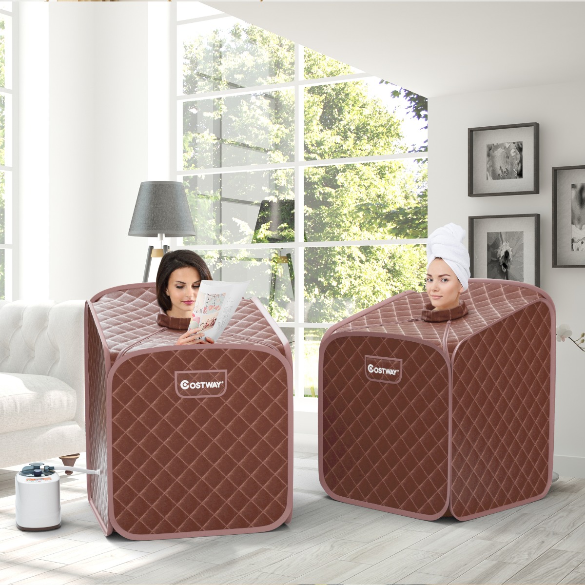 Tragbare Dampfsauna Spa mit Stuhl Fußmassage-Roller und Saugfähiger Matte 9 einstellbare Temperaturstufen Innen-Spa-Kabine Kaffee