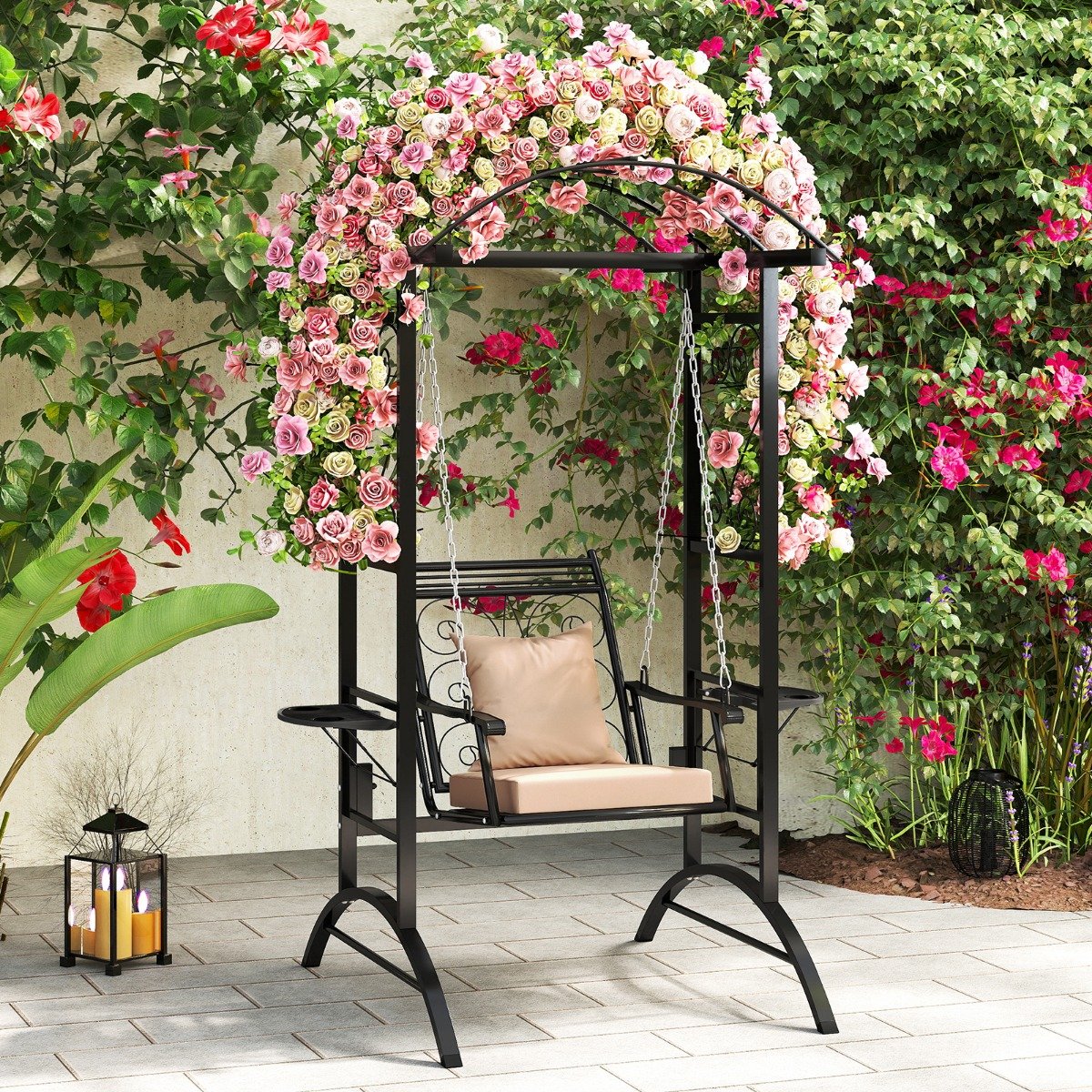 Outdoor-Schaukel mit Gestell & 2 Rankgittern & Kissen & Seitentischen Terrassenschaukel