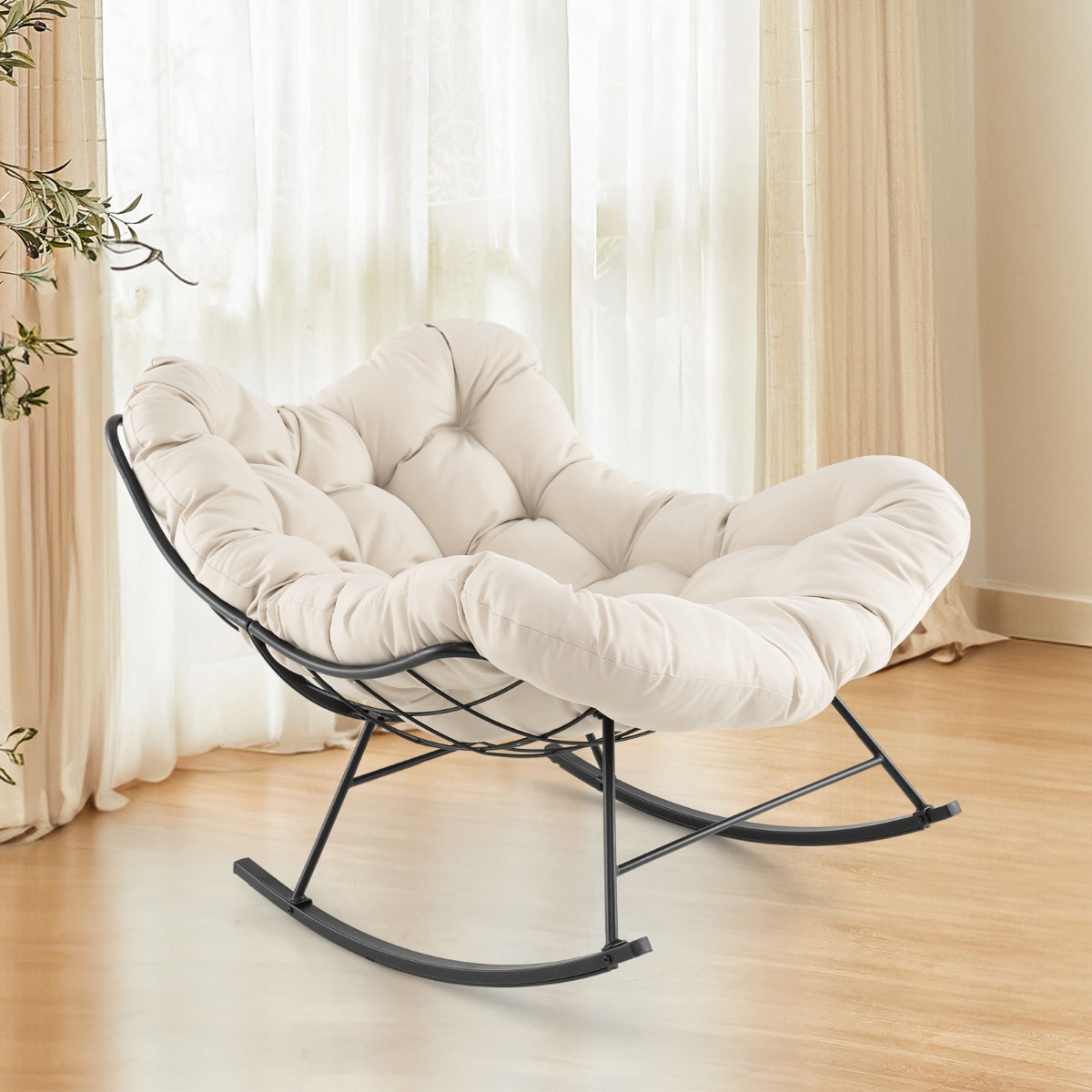 Schaukelstuhl mit Gepolstertem Kissen & 205 kg Tragkraft Schaukelsessel Terrassensessel Beige