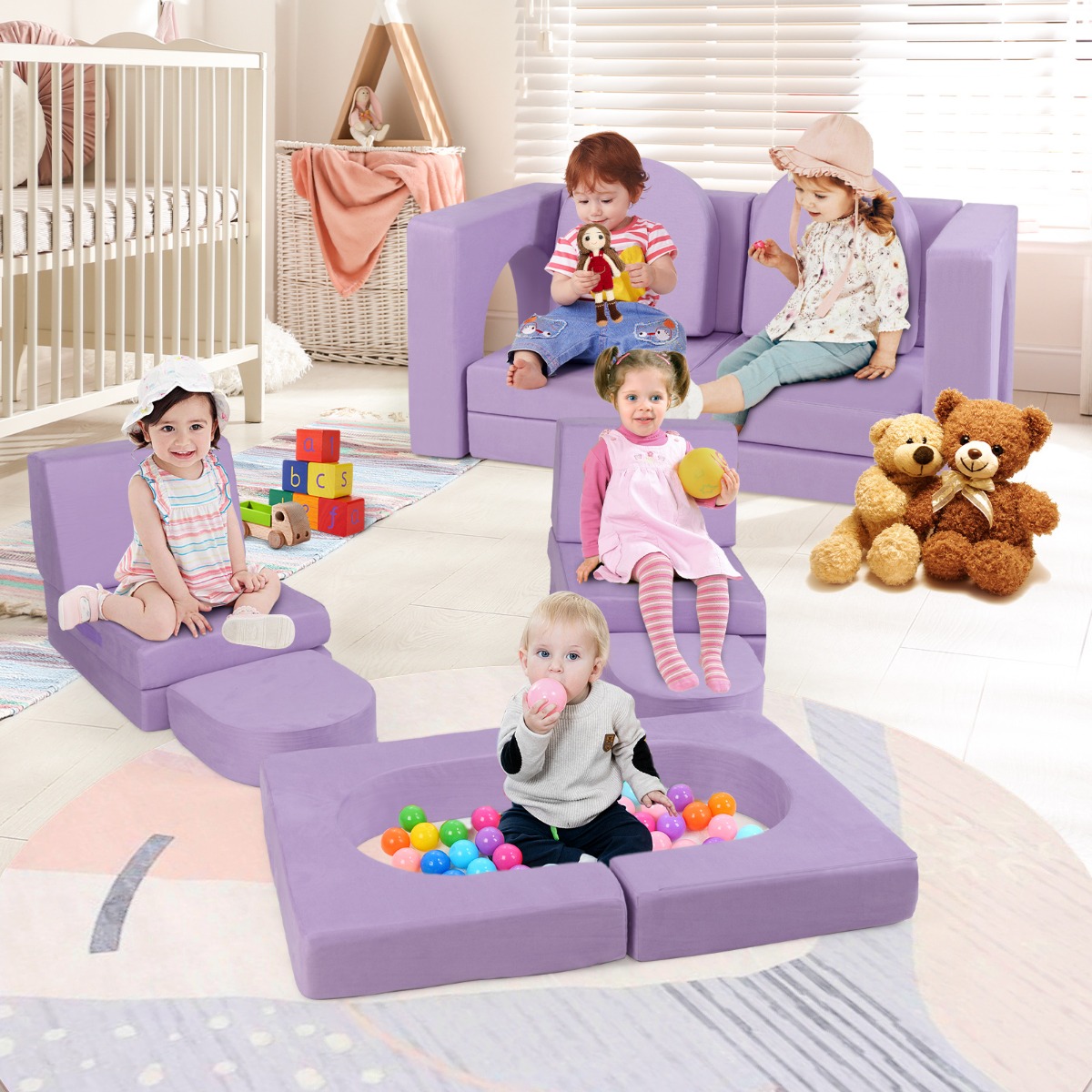 Kindersofa 8-teilig Spielsofa aus Schaumstoff Bausteine mit bequemem Wildlederstoff Lila