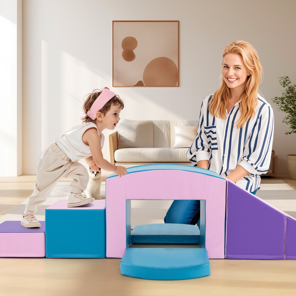 6 TLG. Schaumstoffbausteine Softbausteine mit Tunne Treppe & Rampe Blau + Lila mit Klettverschlüsse