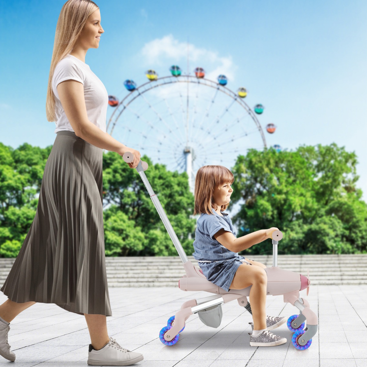 2-in-1-Rutschauto für Kinder Schiebewagen im Flugzeugmotiv mit LED-beleuchteten Rädern bis zu 50kg tragbar Rosa