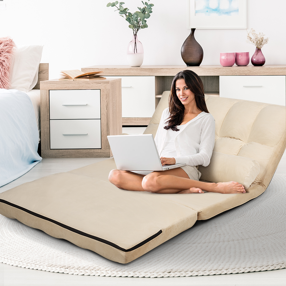 Schlafsofa mit 2 Kissen Sofabett mit 6 Stufig Verstellbarer Rücklehne 180 x 113 x 10 cm Beige