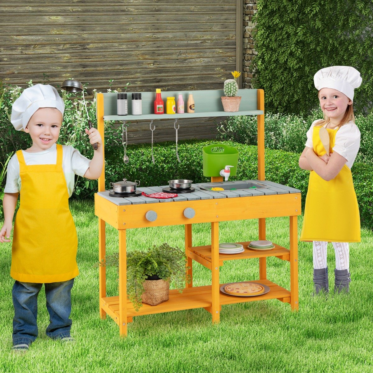 Matschküche Kinder Outdoor Kinderküche Holz mit Wasserfunktion Spielküche mit Haken & abnehmbarem Regal Orange