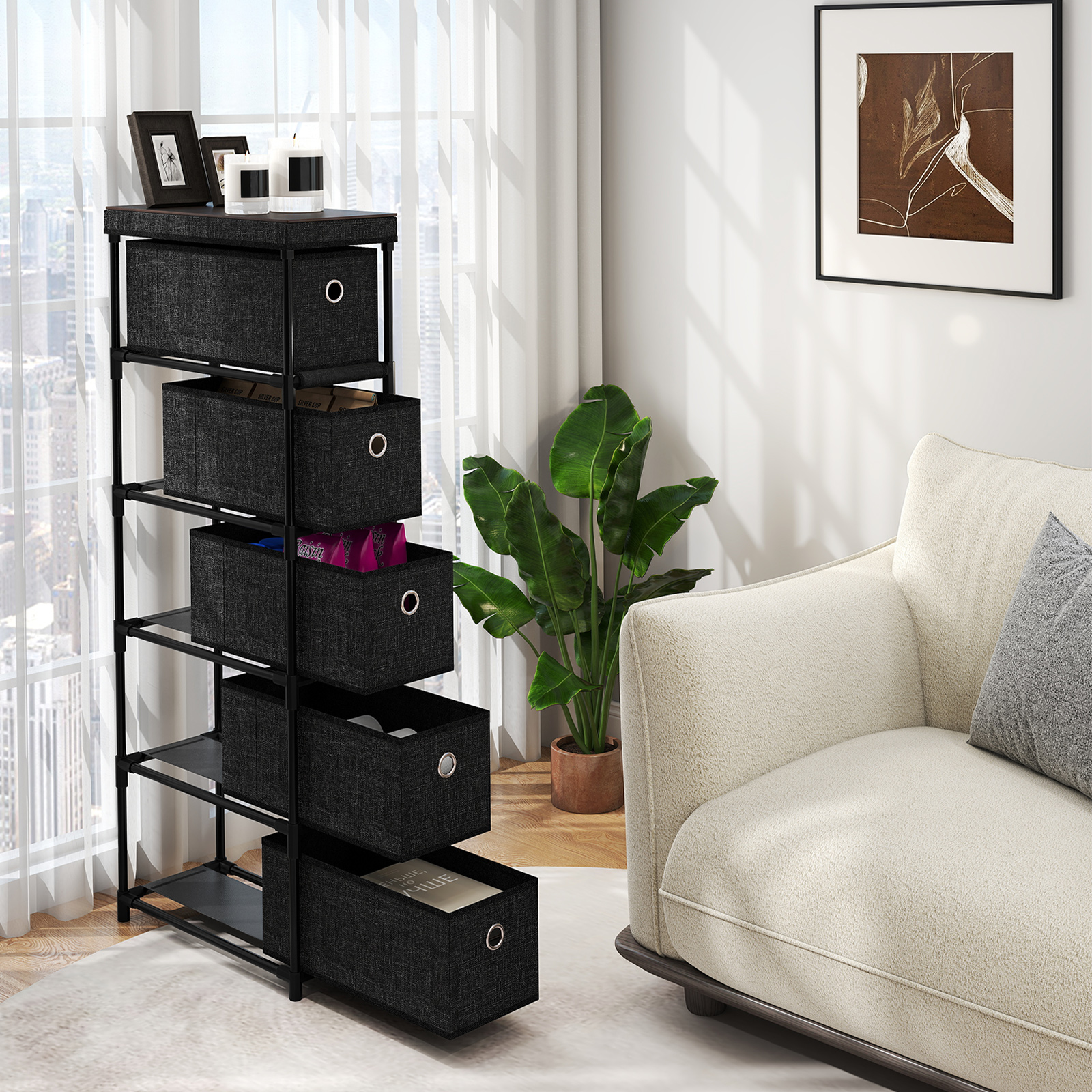 Schmaler Kommode mit 5 Schubladen Schlanker Aufbewahrungsturm mit Metallrahmen Schwarz