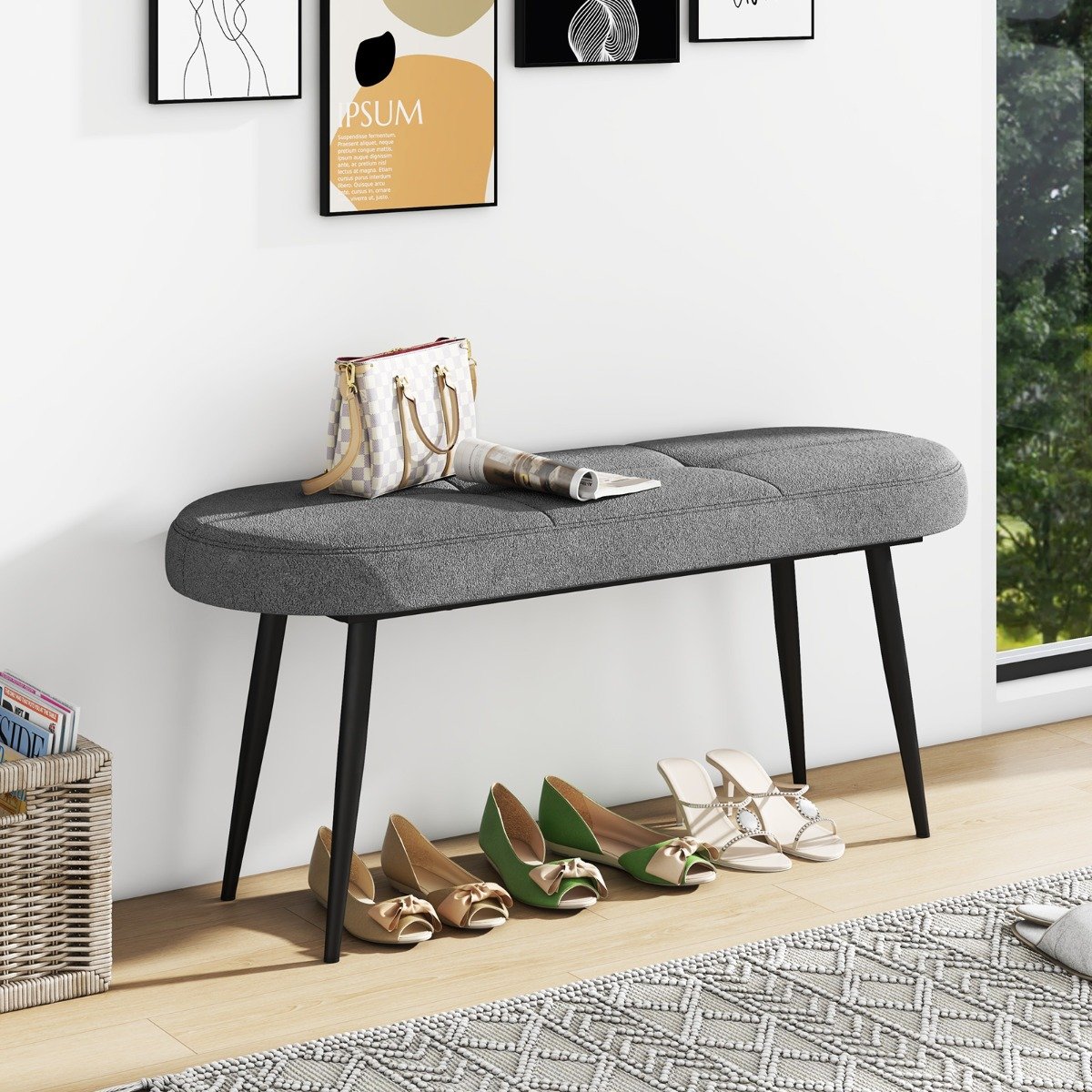 113 cm Sitzbank mit Kissen & Metallbeinen Polsterbank Ottomane bis 300 kg Belastbar Grau