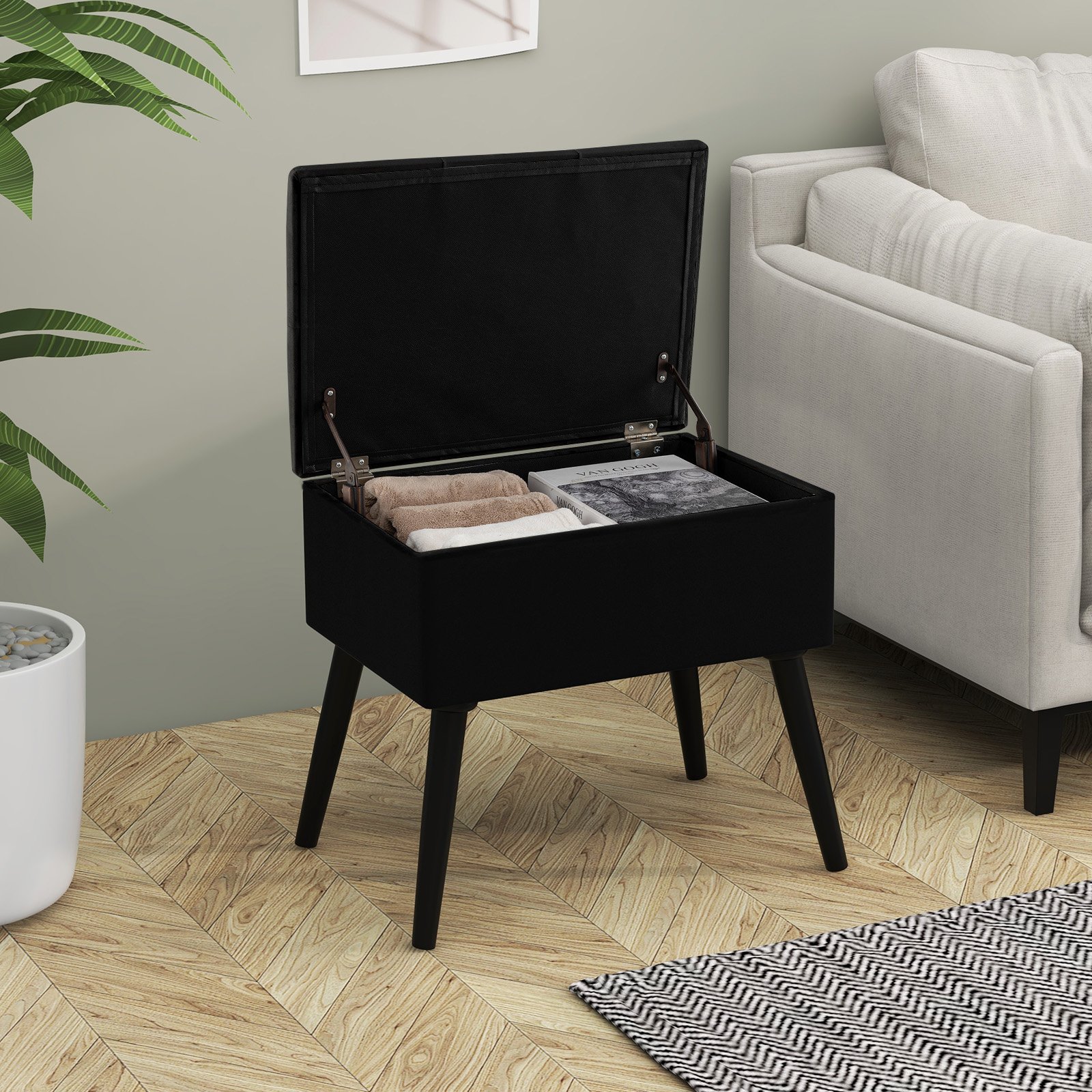 Schminkhocker mit Stauraum Polsterhocker mit Aufklappbarem Gepolstertem Sitz Schwarz