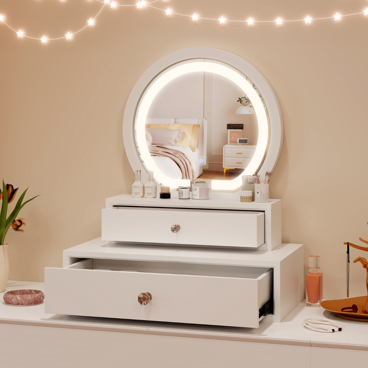 Schminkspiegel Tischspiegel Spiegel mit 2 Schubladen Schminktisch 51 x 26 x 59 cm Weiß