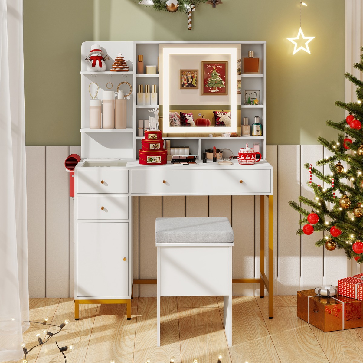 Schminktisch mit beleuchtetem Spiegel Frisiertisch & Hocker-Set 3-Farben-LED-Lichter Spiegelkabinett Weiß