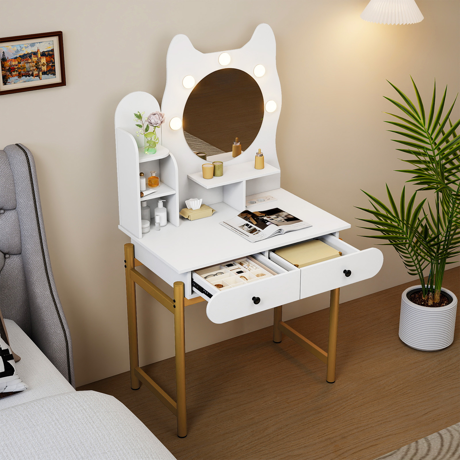 Schminktisch in Katzenform mit Spiegel & Beleuchtung & Schubladen Frisiertisch Weiß