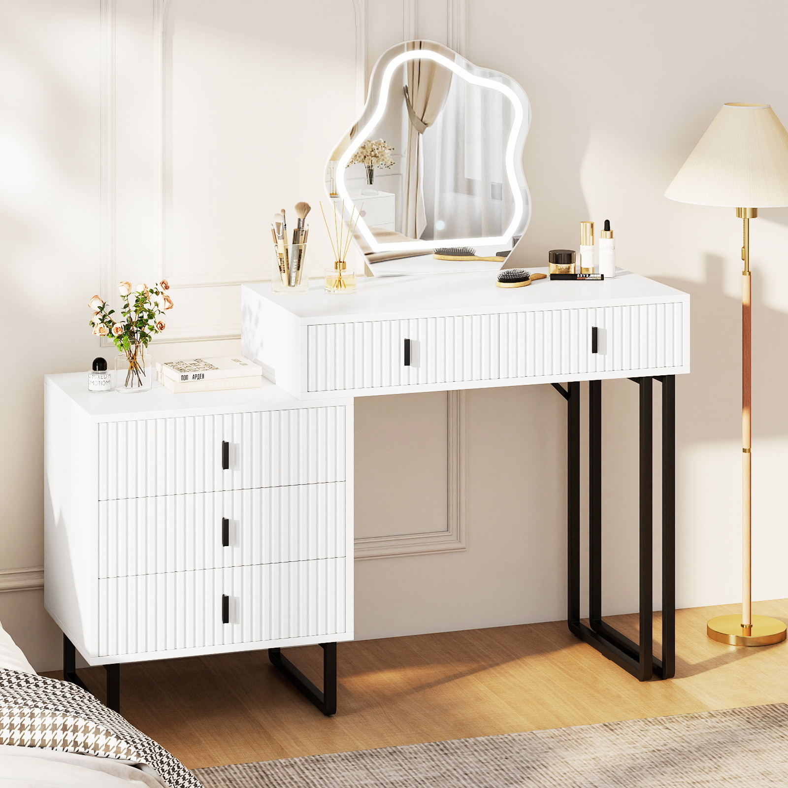 Schminktisch mit Spiegel & Beleuchtung Make-up-Tisch mit 3 Lichtmodi einstellbare Helligkeit Weiß