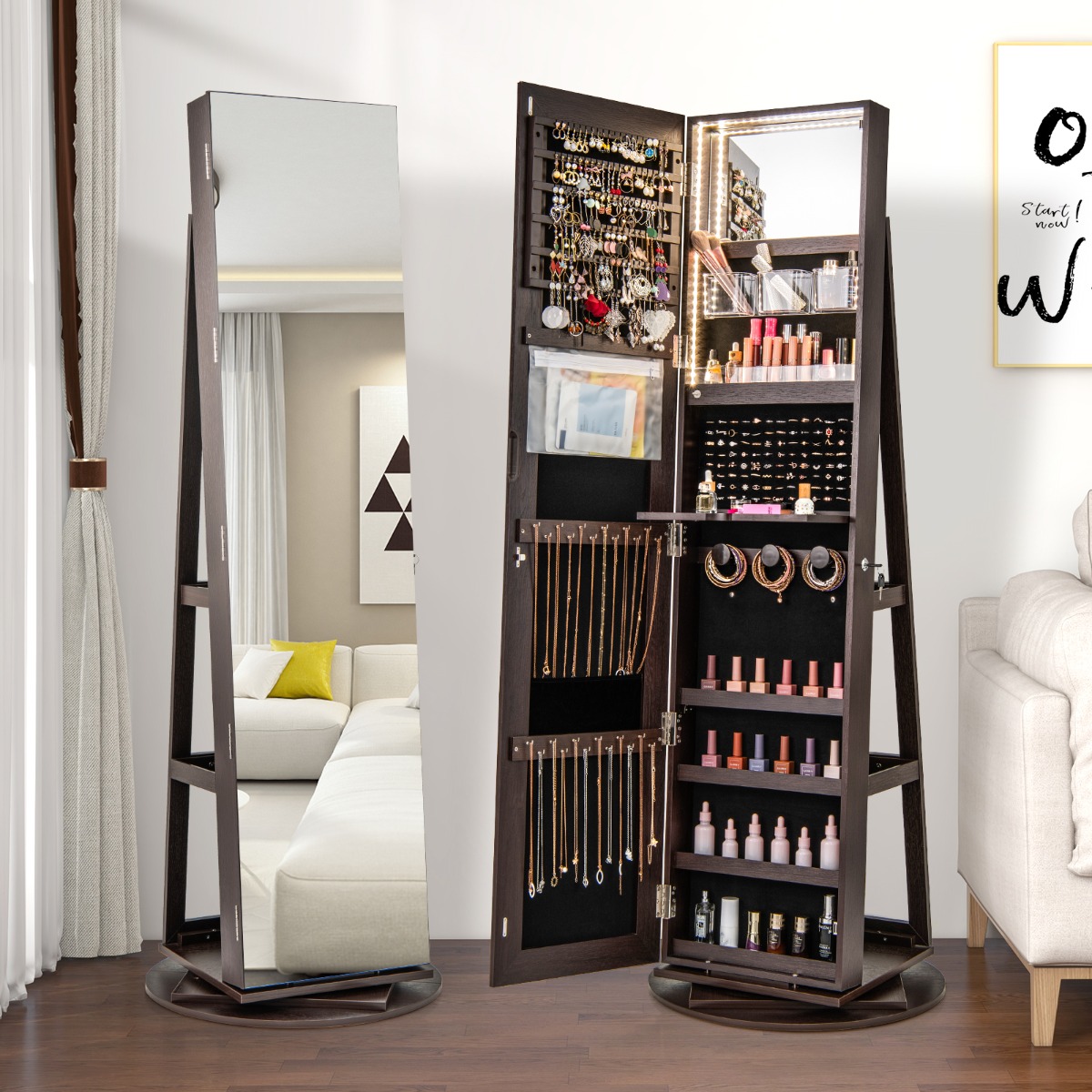 360° Drehbarer Schmuckschrank mit Dreifarbigen LED-Leuchten Freistehender Spiegelschrank Dunkelbraun