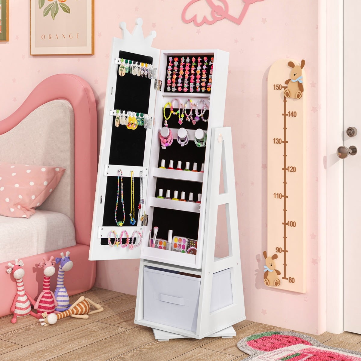 3 in 1 Kinder Schmuckschrank mit Ganzkörperspiegel & Aufbewahrungskorb Schmuckregal Weiß