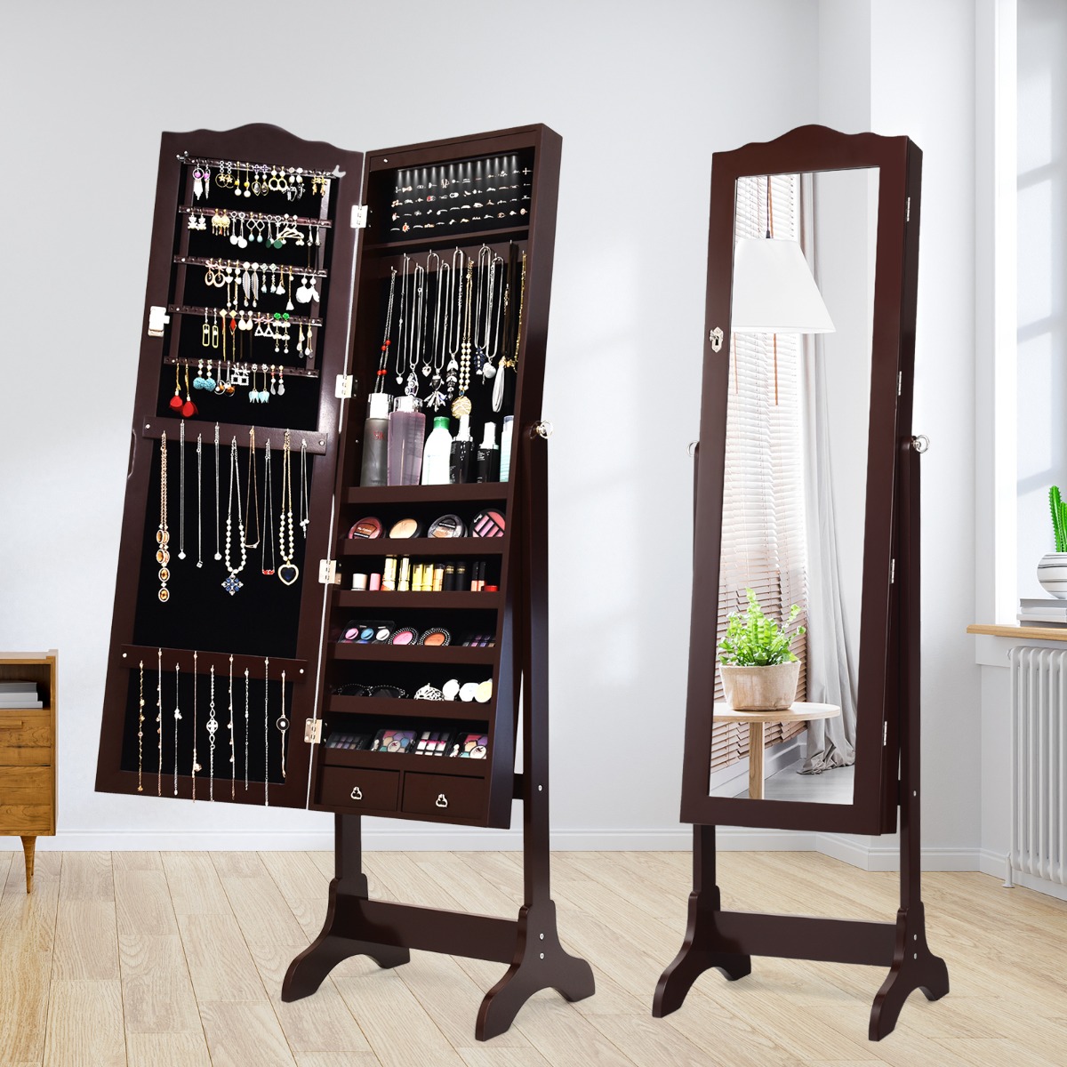 Schmuckschrank mit 14 LED Leuchten & Ganzkörperspiegel Schmuckregal Spiegelschrank Braun