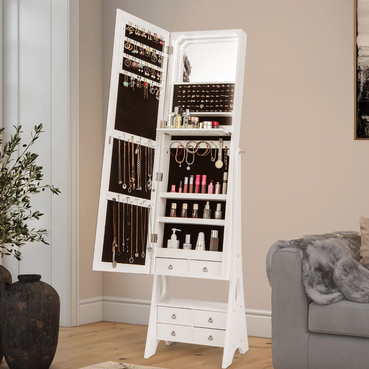 Schmuckschrank mit Spiegel & Beleuchtung Schmuck Spiegelschrank mit Schubladen und klappbaren Ablage Weiß