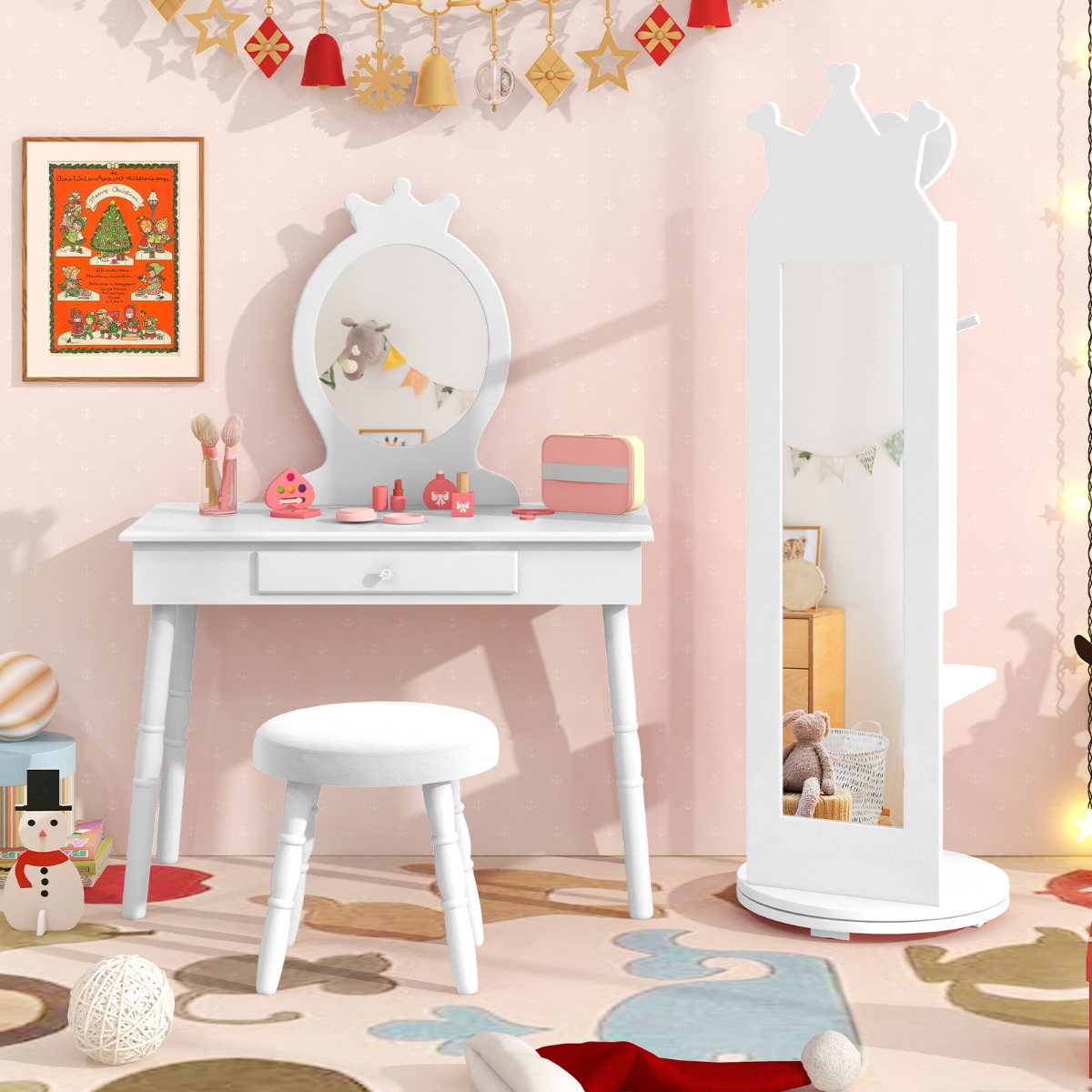 4 in 1 Kinder Schmuckschrank Spiegelschrank 360° drehbar mit Ganzkörperspiegel Weiß